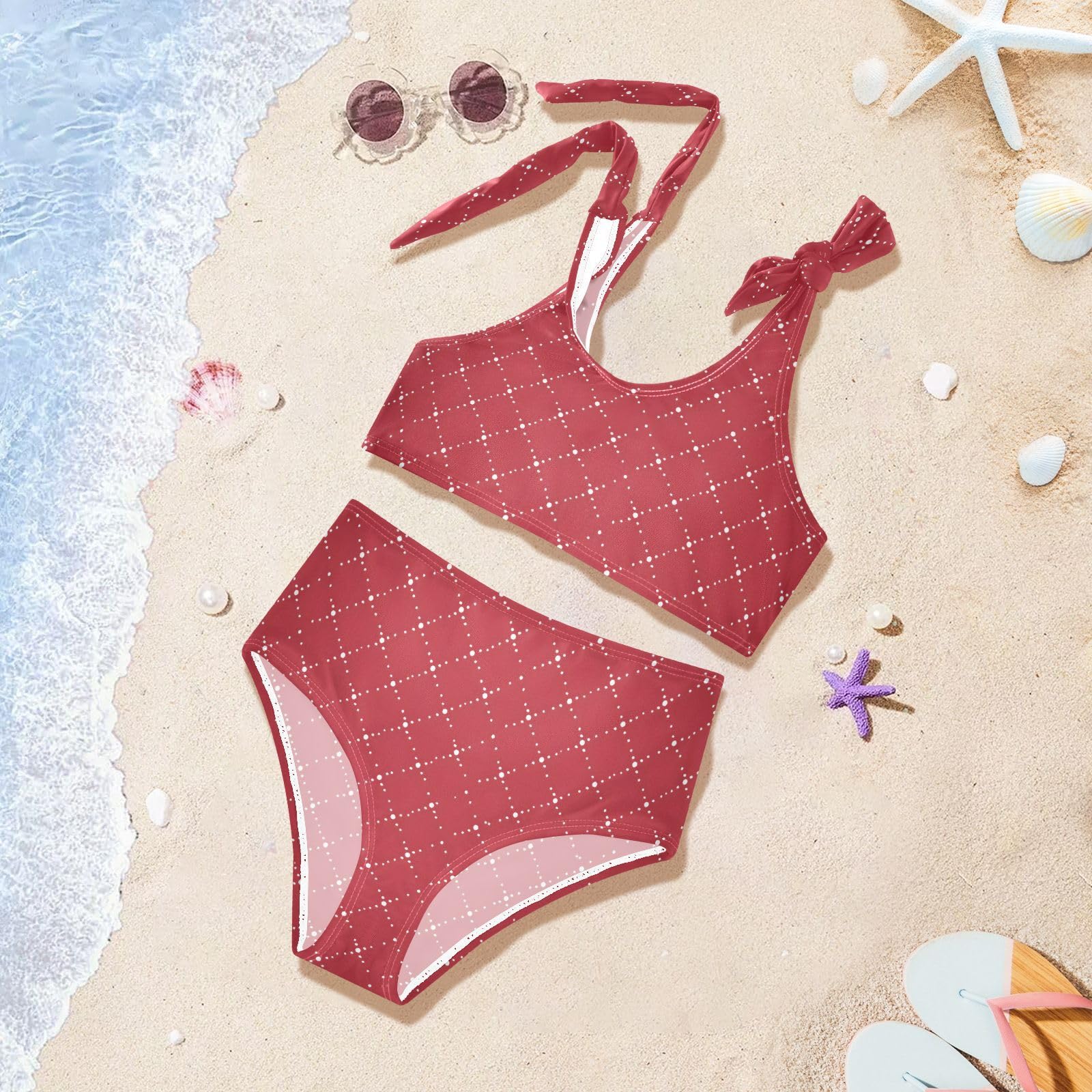 Red Pattern Girls Two Piece Tankini Swimsuits Summer Bathing Suit Beach Swimwear Set, 4T