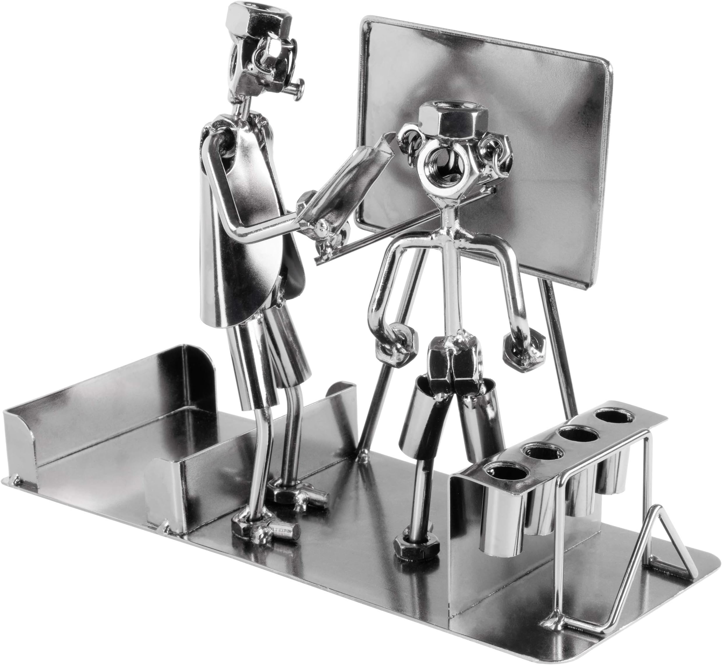 BRUBAKER Screw Man Teacher with Pen Holder - Handmade Iron Figure School Metal Man with Business Card Holder and Compartment for Notes - Metal Figure Gift Idea