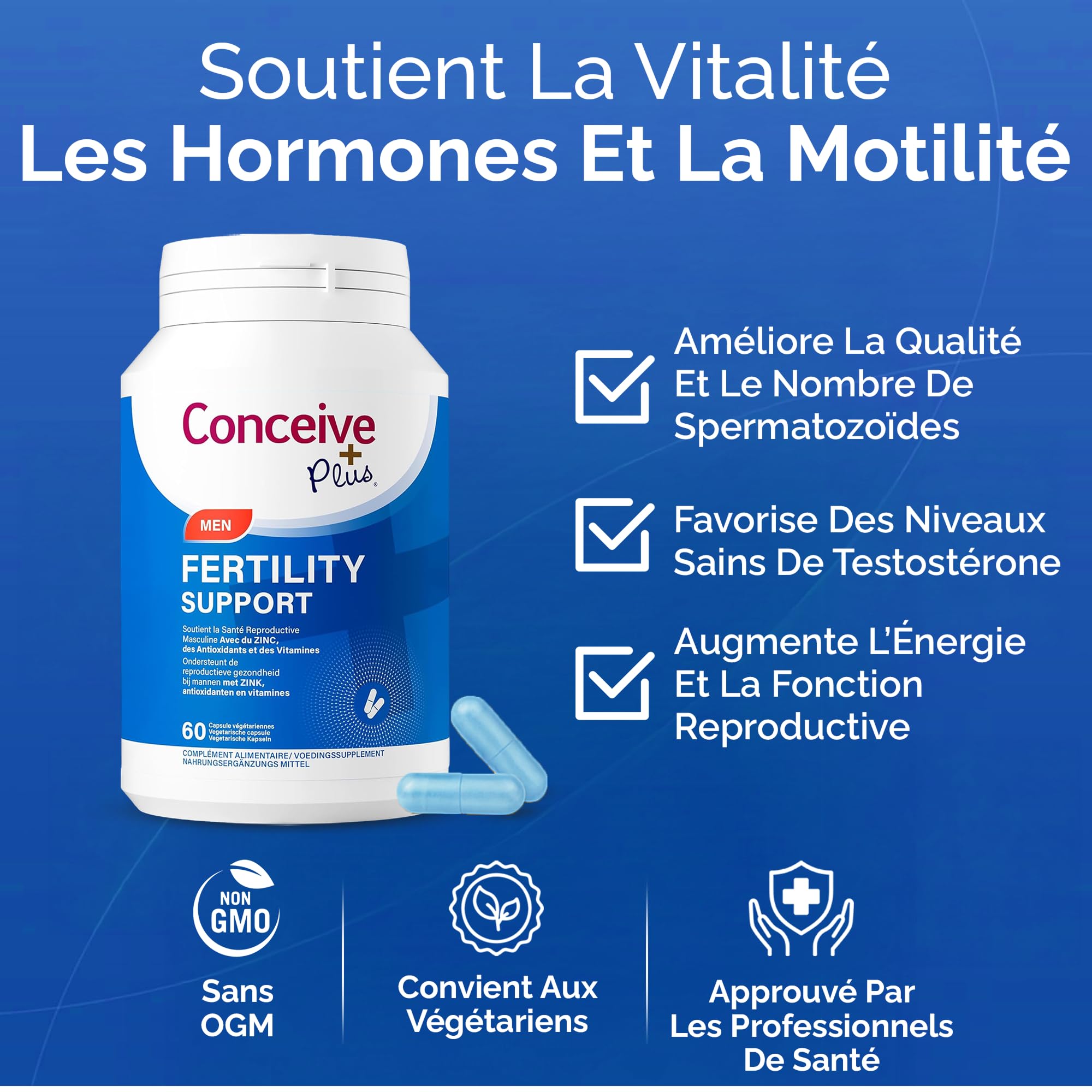 Conceive Plus Vitamines de fertilité pour homme - Stimule la testostérone, augmente la production de sperme - Zinc, folate, racine de Maca, sélénium, pilules - 60 capsules végétariennes