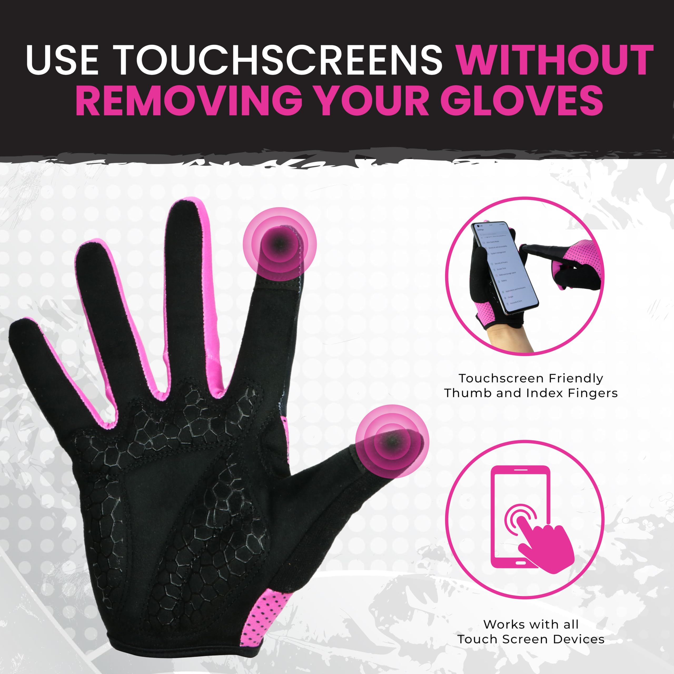 Gants de Cyclisme Gants de Cyclisme - Gants de VTT - Antidérapants - Absorption des Chocs - Respirants - pour VTT - Reconnaissance des écrans tactiles, Homme Femme, Pink - Full Finger, Small