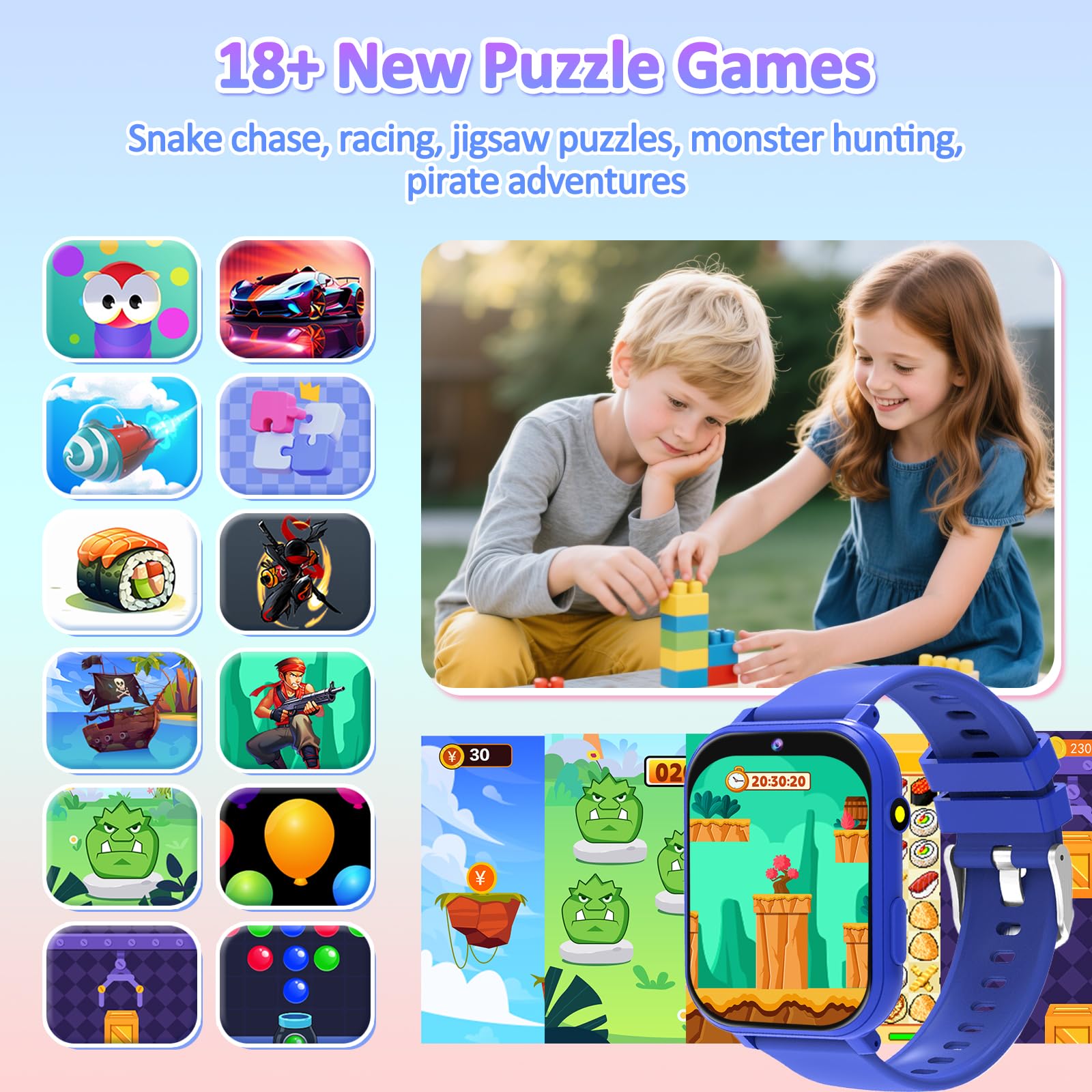 clleylise Montre connectée Enfant - Smartwatch avec 18 Jeux, Suivi de Sommeil & podomètre, caméra, Fonds d'écran dynamiques, Montre Enfant Garcon et Montre connectée Enfant Fille (Bleu)