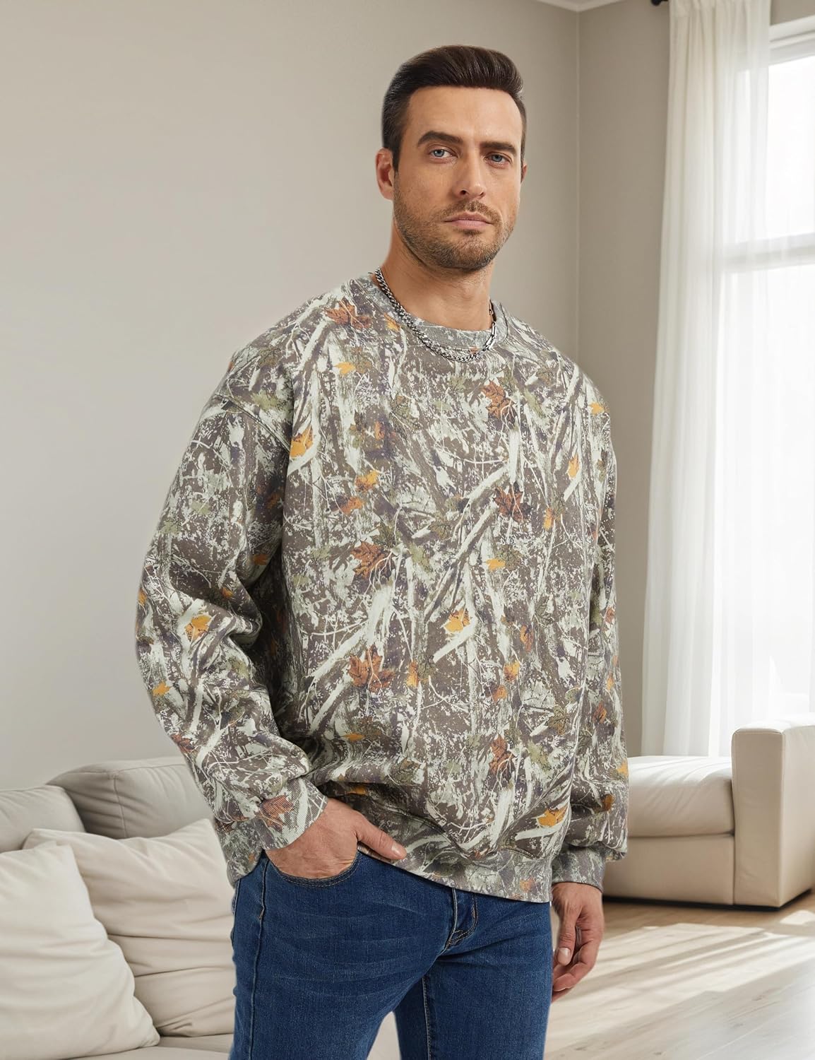 Men’s Crewneck Camo Sweatshirt Casual Pullover Long Sleeve Fleece Top Loose Graphic Print Streetwear for Fall Winter - Image 5