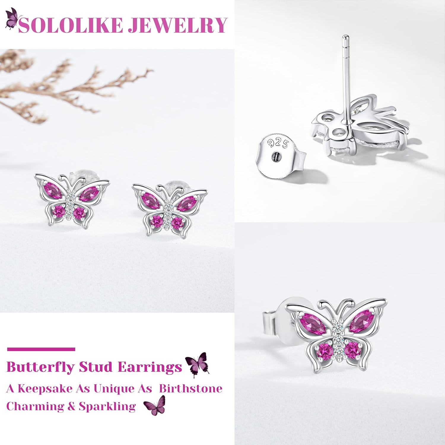 925 Sterling Silver Butterfly Earrings with Birthstone: Butterfly Stud Earrings Dainty Birthstones Studs Screw Back for Teens Loved Ones Birthday Mother's Day Christmas Jewelry Gifts