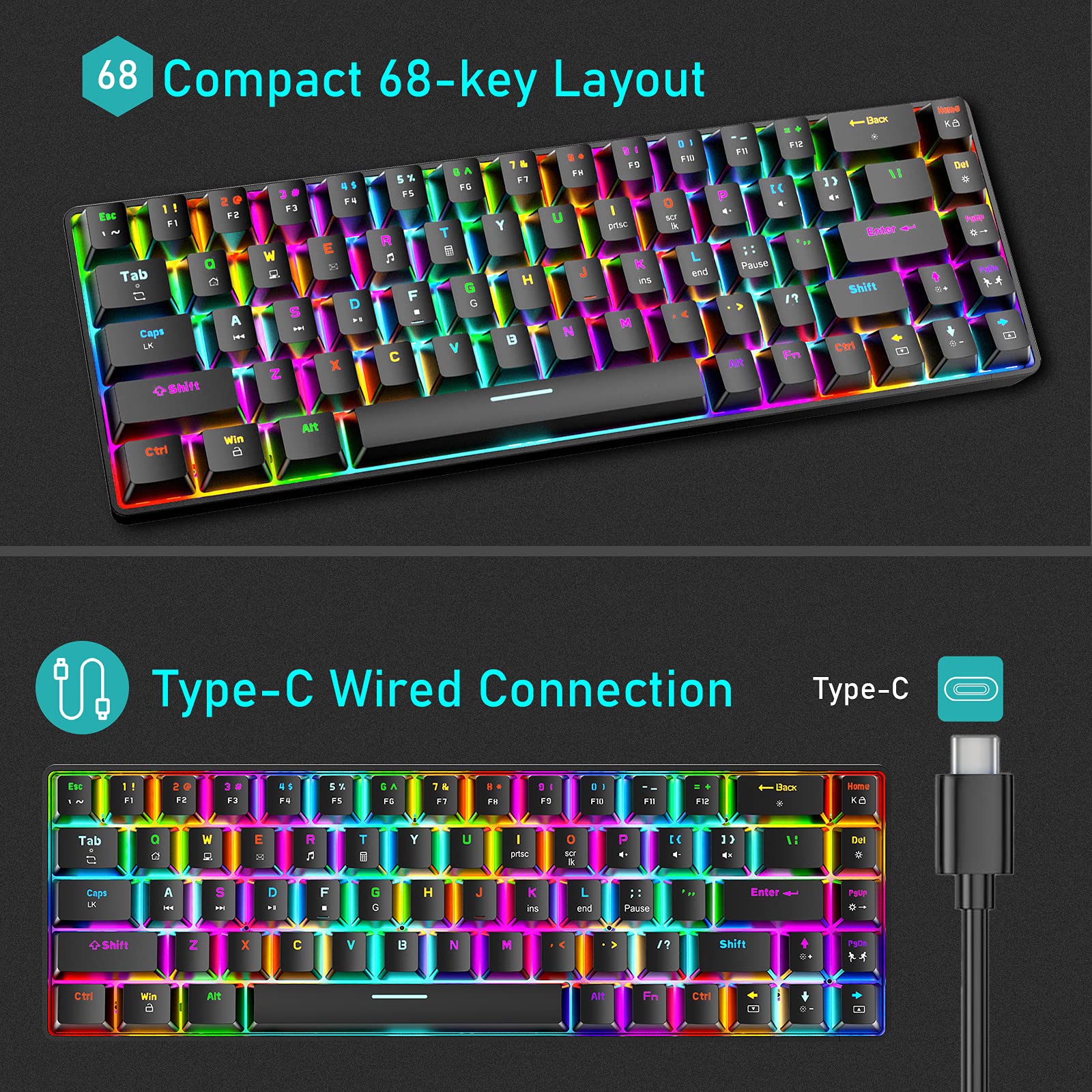 T8 Teclado Mecánico RGB 60%, Teclado Para Juegos Con Cable Compacto 65%, Backlit LED 18 RGB, QWERTY Mini 68 Teclas Full Keys Anti-ghosting Para PS4, Xbox, PC, Laptop, MAC - Interruptor Azul/Negro