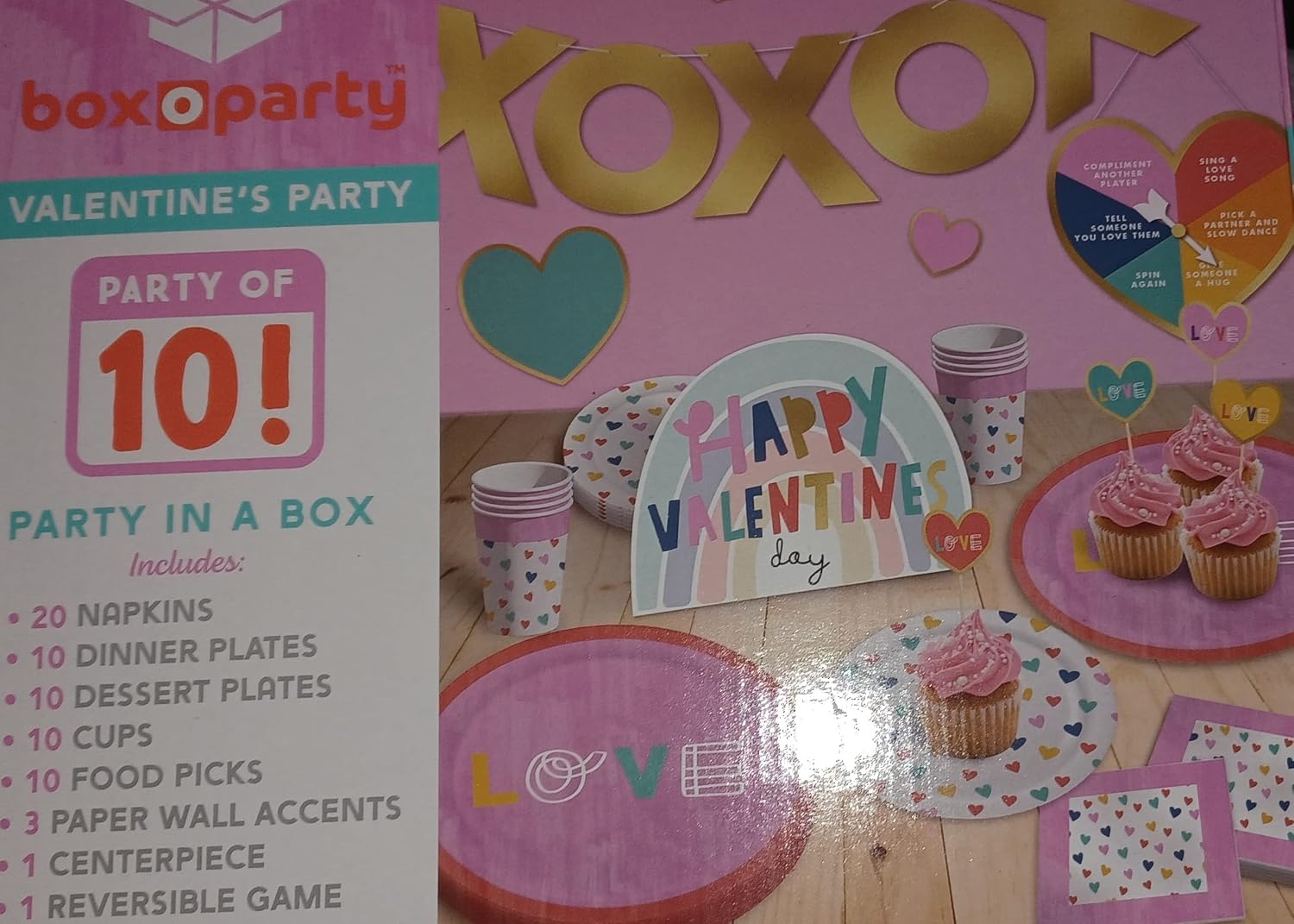 66 piece Valentines Party in a box includes 20 napkins 10 dinner plates 10 dessert plates 10 cups 10 food picks 3 paper wall accent 1 centerpiece 1 reversible game, and 1 banner