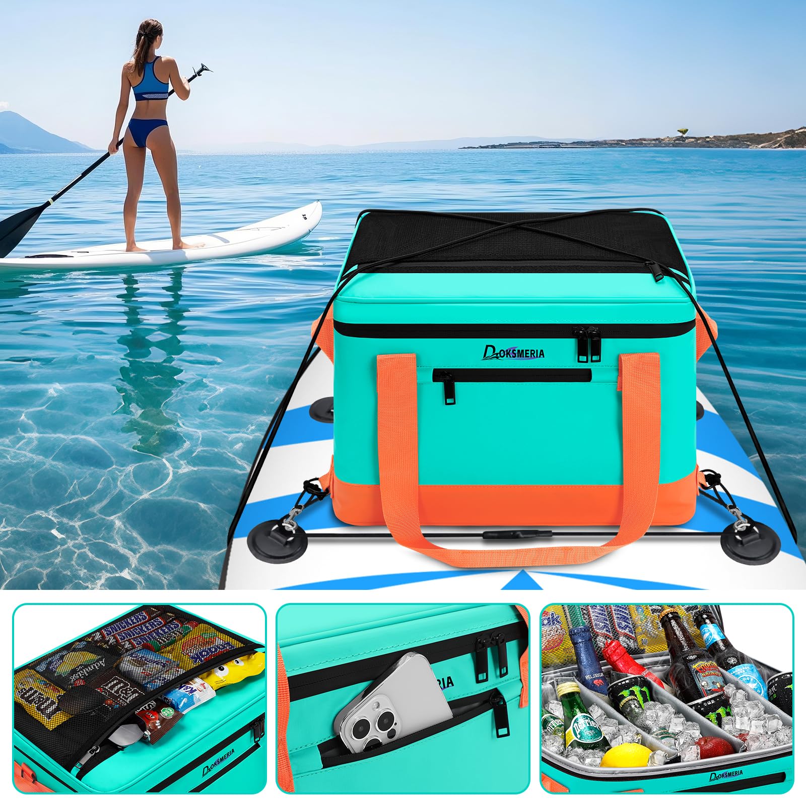Tabla de paddle Board Cooler impermeable, supercapacidad, tabla de surf con correa para el hombro y 6 clips de cuerda elásticos, bolsa de accesorios para tabla de paddle board y kayak