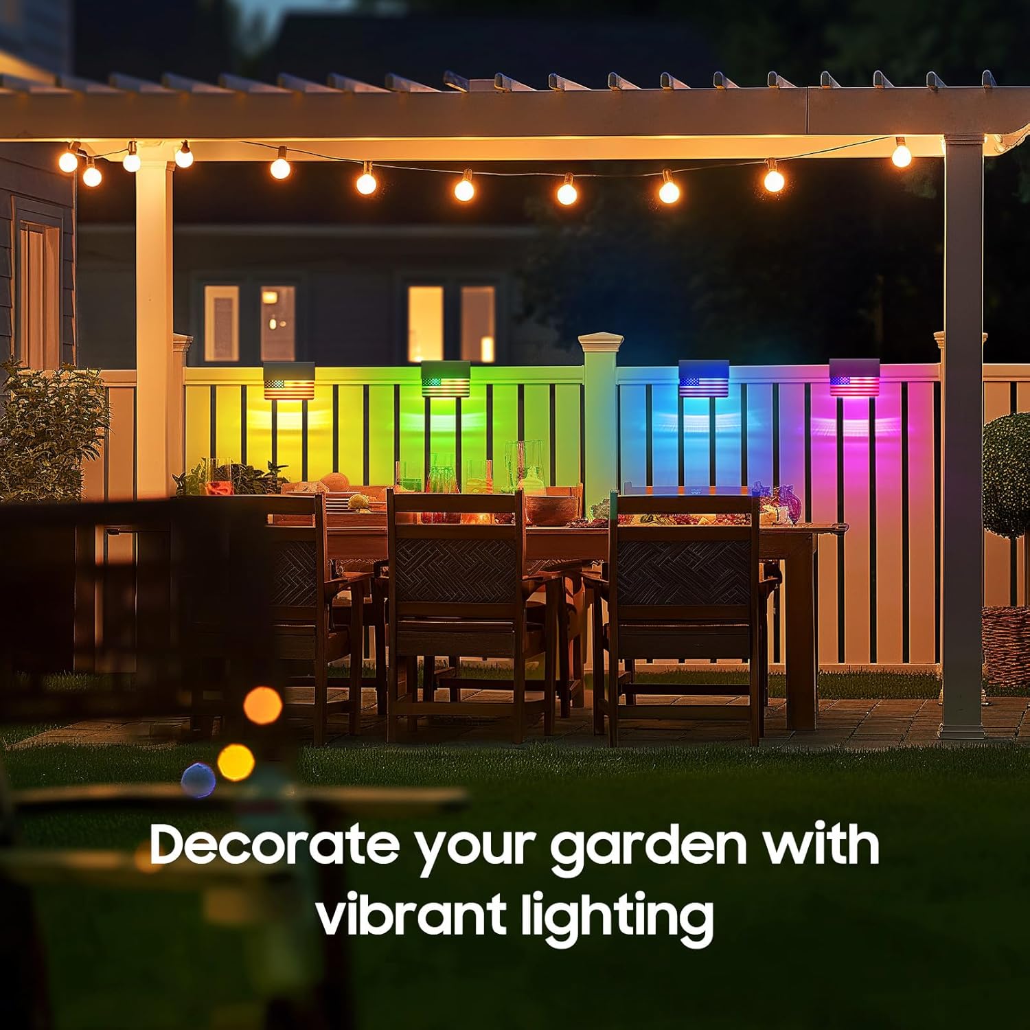 American Flag Decorations Solar Fence Lights, 6 Pack UAS Flag Solar Lights Outdoor for Fence with RGB & Warm White Mode, Waterproof Deck Fence Lights Solar Powered for Patriotic Decor