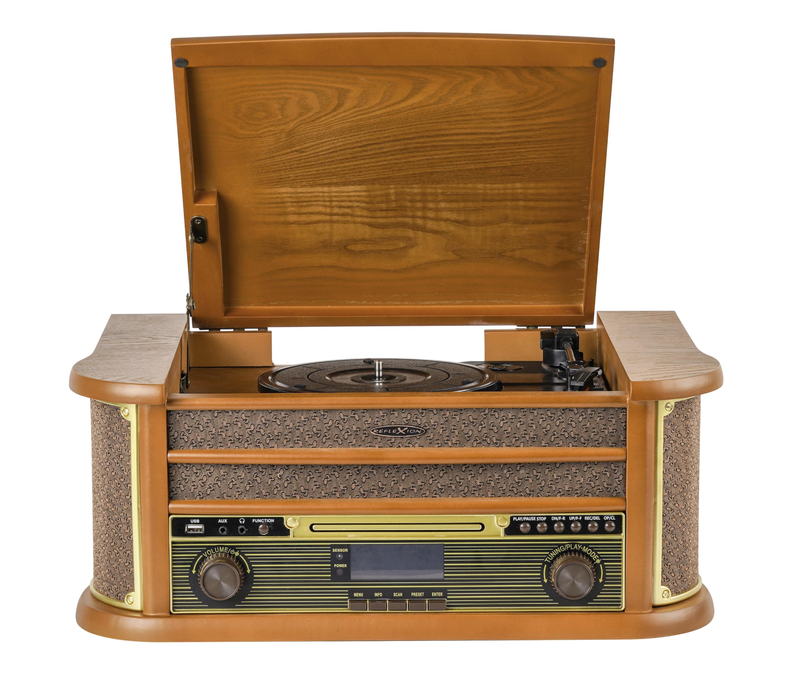 Reflexion HIF2002 Système stéréo rétro avec Platine Disque, Cassette, Lecteur CD et Radio Dab, Dab+, FM/MW, MP3, USB, écran LCD, télécommande, 80 W, boîtier en Bois véritable, Marron
