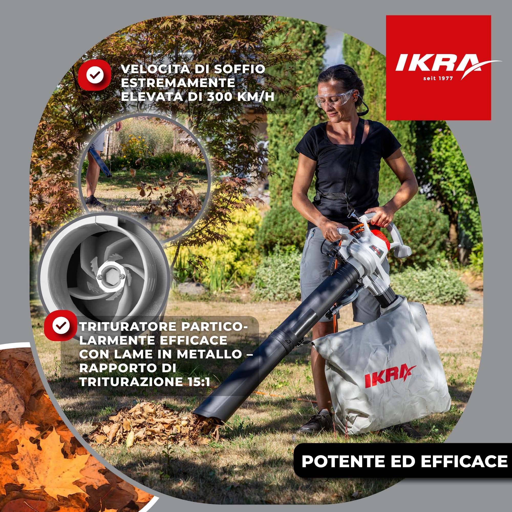 IKRA aspiratore soffiatore elettrico IEBV 3200 3in1, incl. prolunga per la pulizia delle grondaie, 3200 W