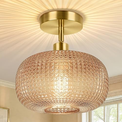 ROTTOGOON Lámpara de techo semiempotrada, luces de techo inclinadas doradas ajustables con pantalla de vidrio ámbar, modernas lámparas de pasillo