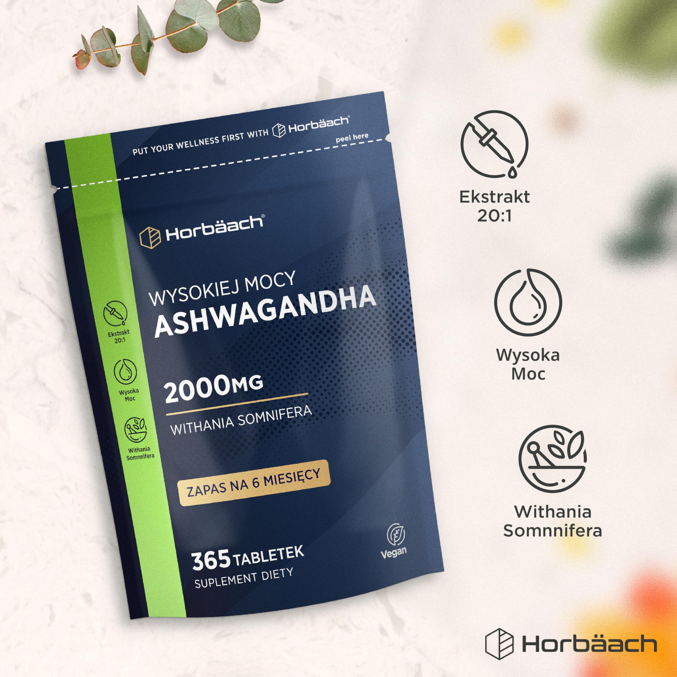 Ashwagandha KSM-66® 1200mg (BIO) | 5% Witanolidów | Organiczny Suplement w Proszku z Korzenia Ashwagandhy | Wysoka moc | 180 Kapsułek Wegańskich | marki Horbaach