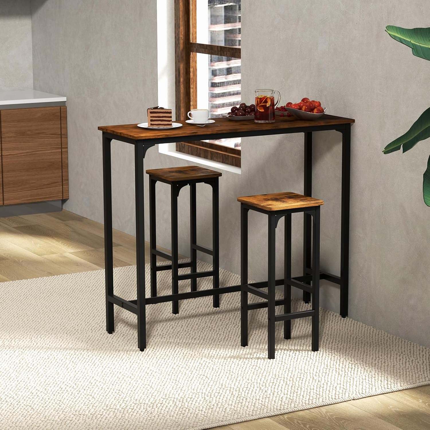 Set of 2 Black and Rustic Brown Adjustable Wood and Metal Bar Stools