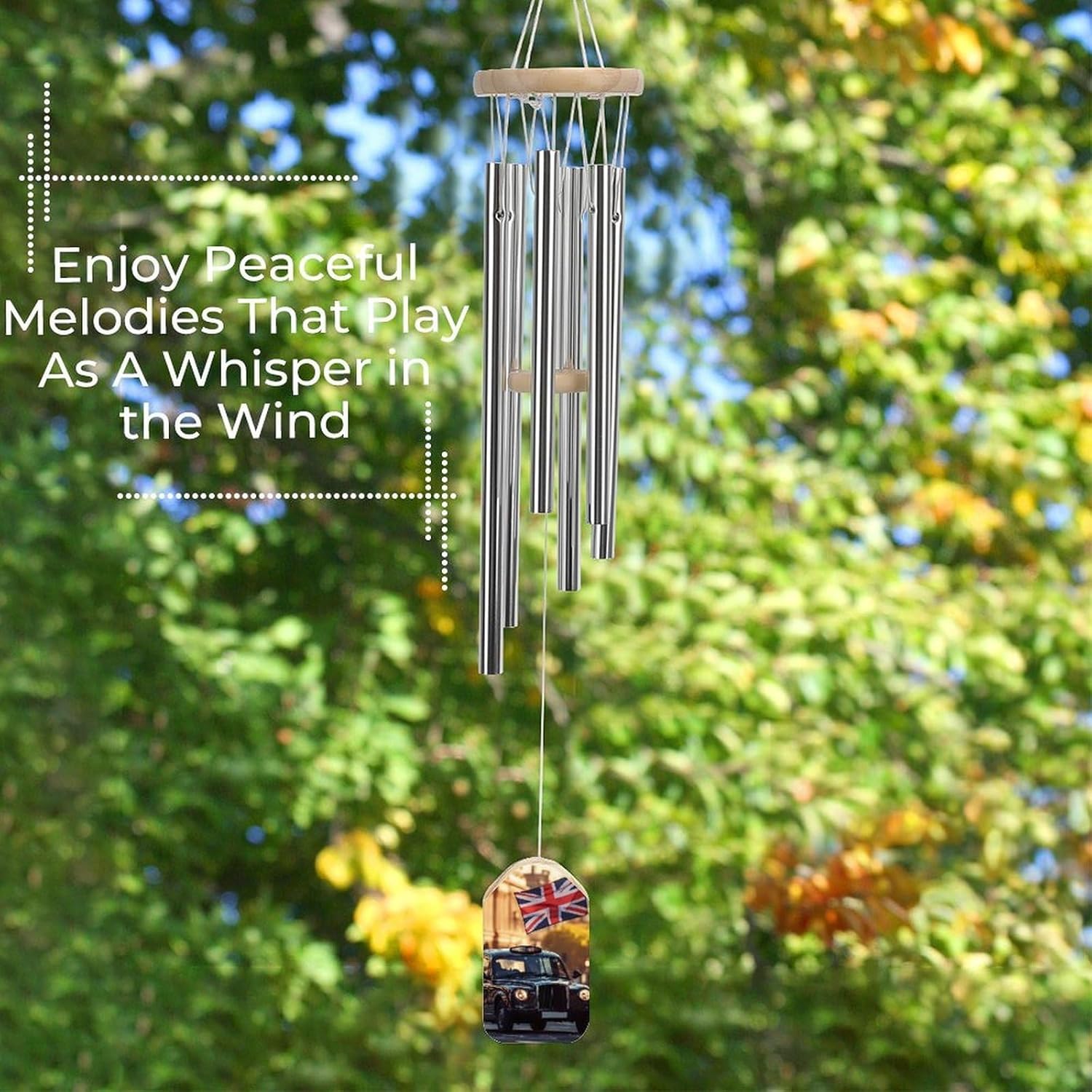 UK London Taxi and English Flag Wooden Wind Chimes Deep Tone Memorial Windchime for Outside Garden Home Decoration