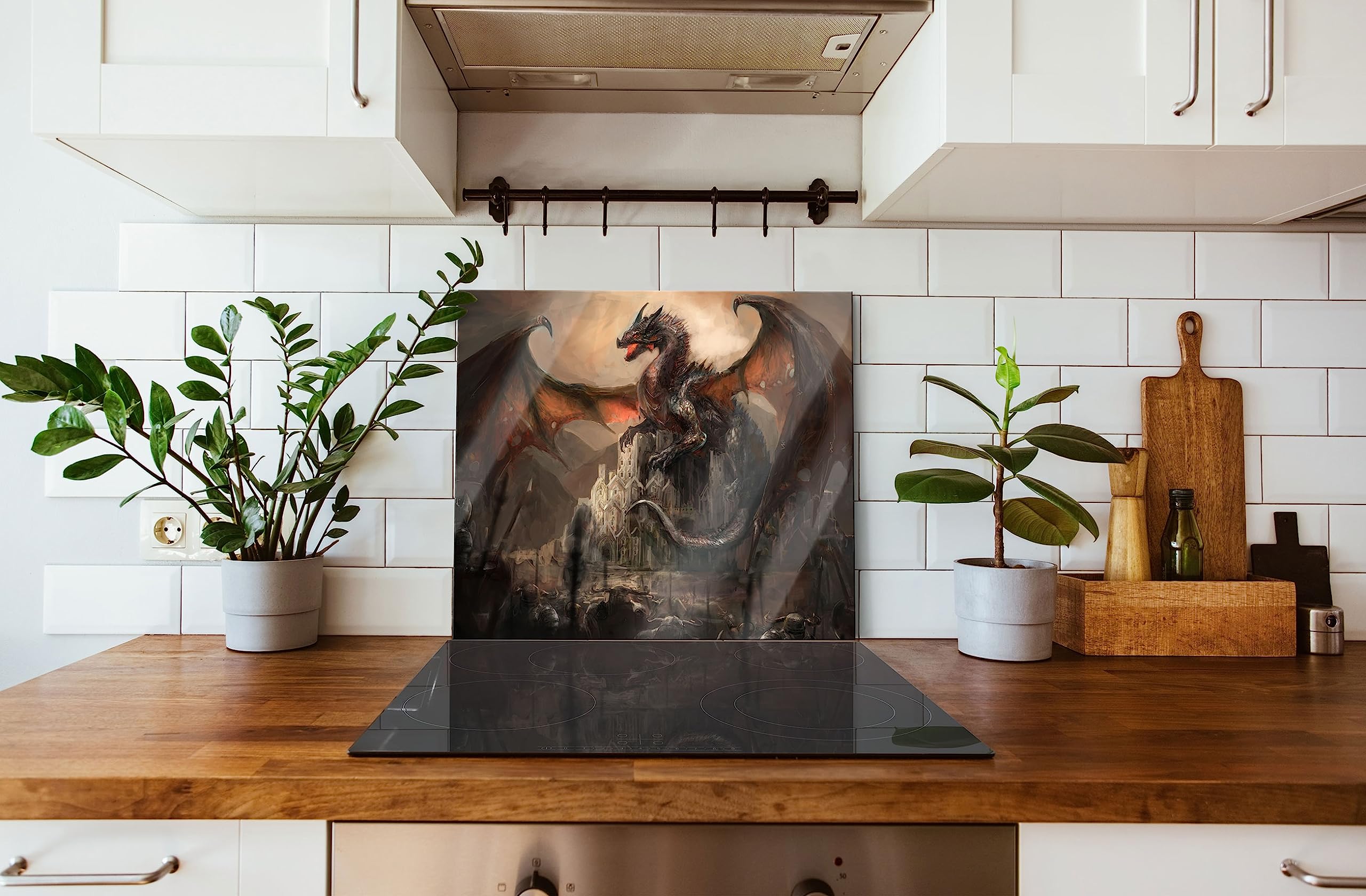 Drache schützend über Burg Herdabdeckplatte & Spritzschutz aus Echtglas | Für Herd-Kochfelder | 60x52 cm