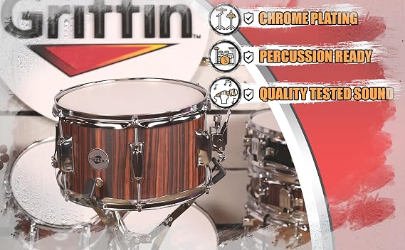 GRIFFIN Snare Drum 10x6 Poplar Wood Shell (PopcornPUNCH Edition) Mini Snare with Black Hickory PVC, Throw Off, Drum Key & Coated Head