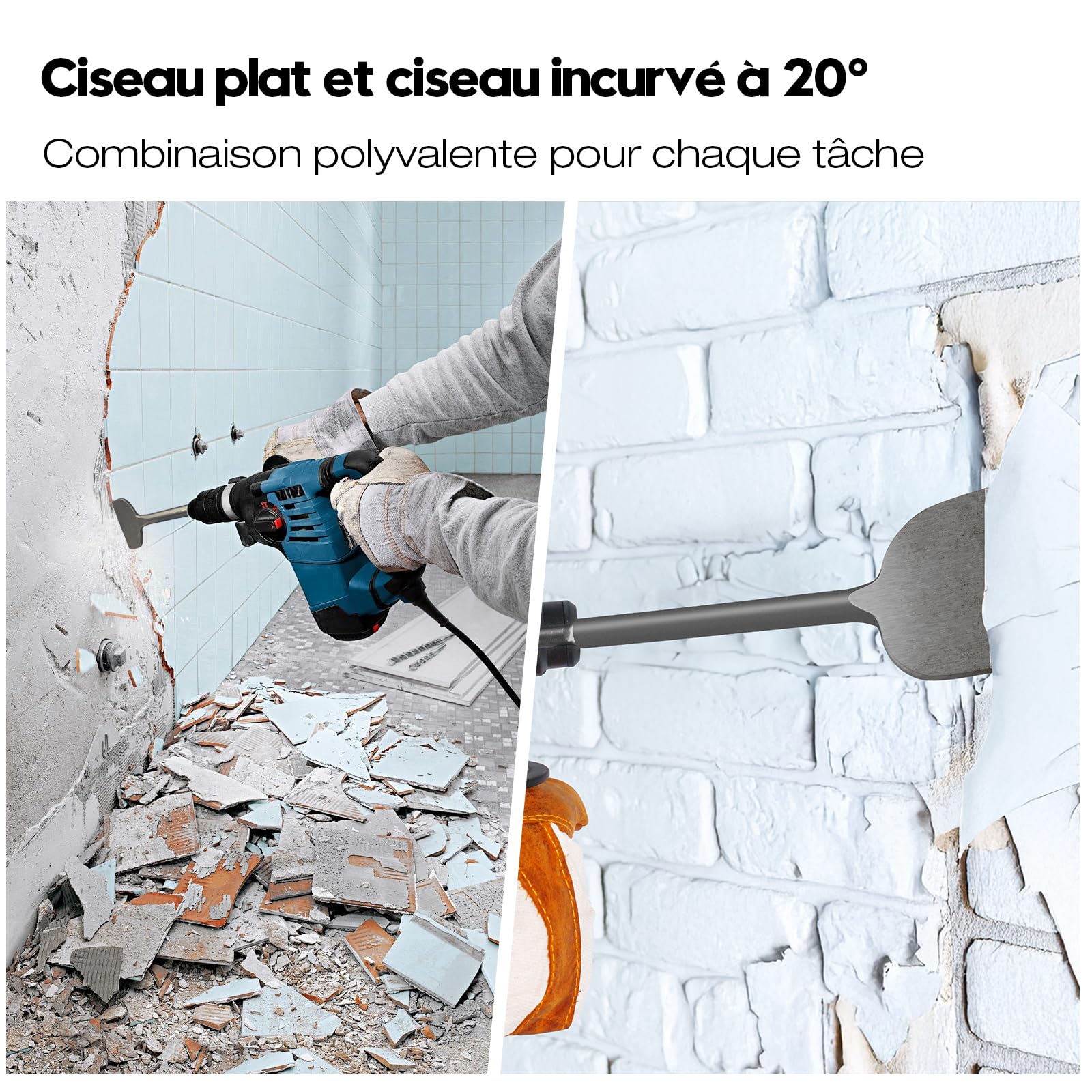 Burin SDS Plus 2 Pièces, Burin Plat & Burin Coudé à 20°, 250 x 75mm, Acier Allié 40Cr, Burin Carrelage pour Marteau Perforateur SDS Plus, Burin de Demolition pour Carrelage, Béton, Pierre