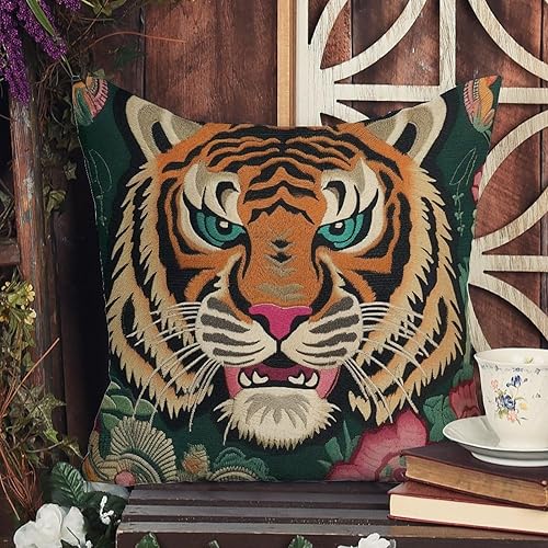 Miniatura 7 de Funda de almohada con estampado de tigre, color rosa, verde y turquesa, negro, funda de almohada colorida de animales chinoiserie, 18 x 18 pulgadas,