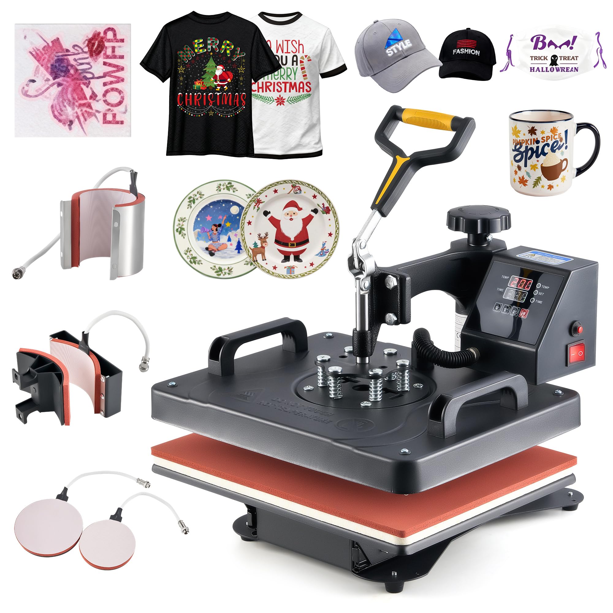 Générique Presse à Chaud 30x38 cm 5 en 1 Machine de Transfert de Chaleur avec Accessoires de Presse à Plaque Mug Casquette Chapeau T-Shirt pour la Maison (5 en 1)