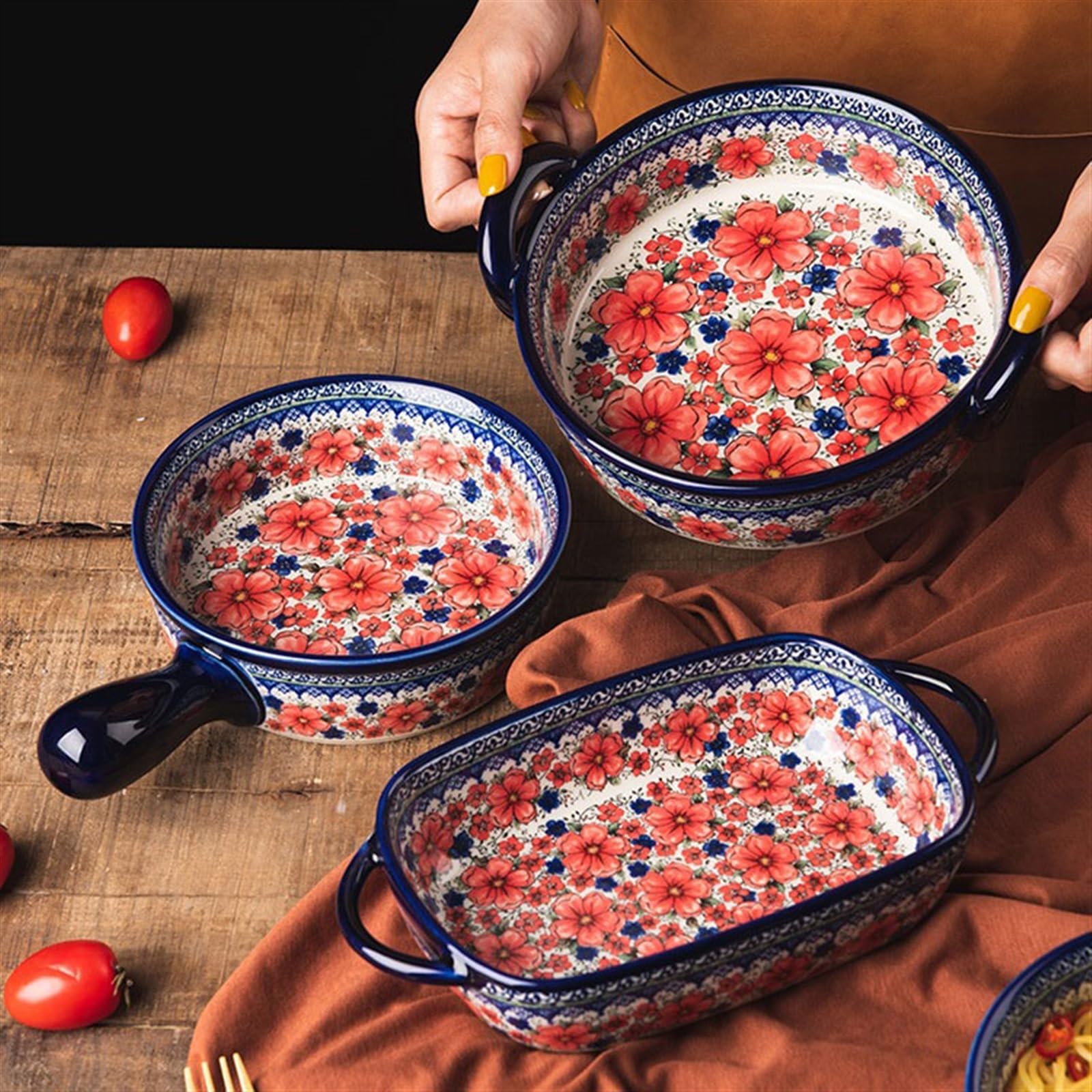 Forma do lasagne miska z większym i głębszym uchwytem, naczynia ceramiczne w stylu vintage, miska do sałaty do domu, odporne na wysokie temperatury naczynie do zapiekanek, możliwość układania w stos