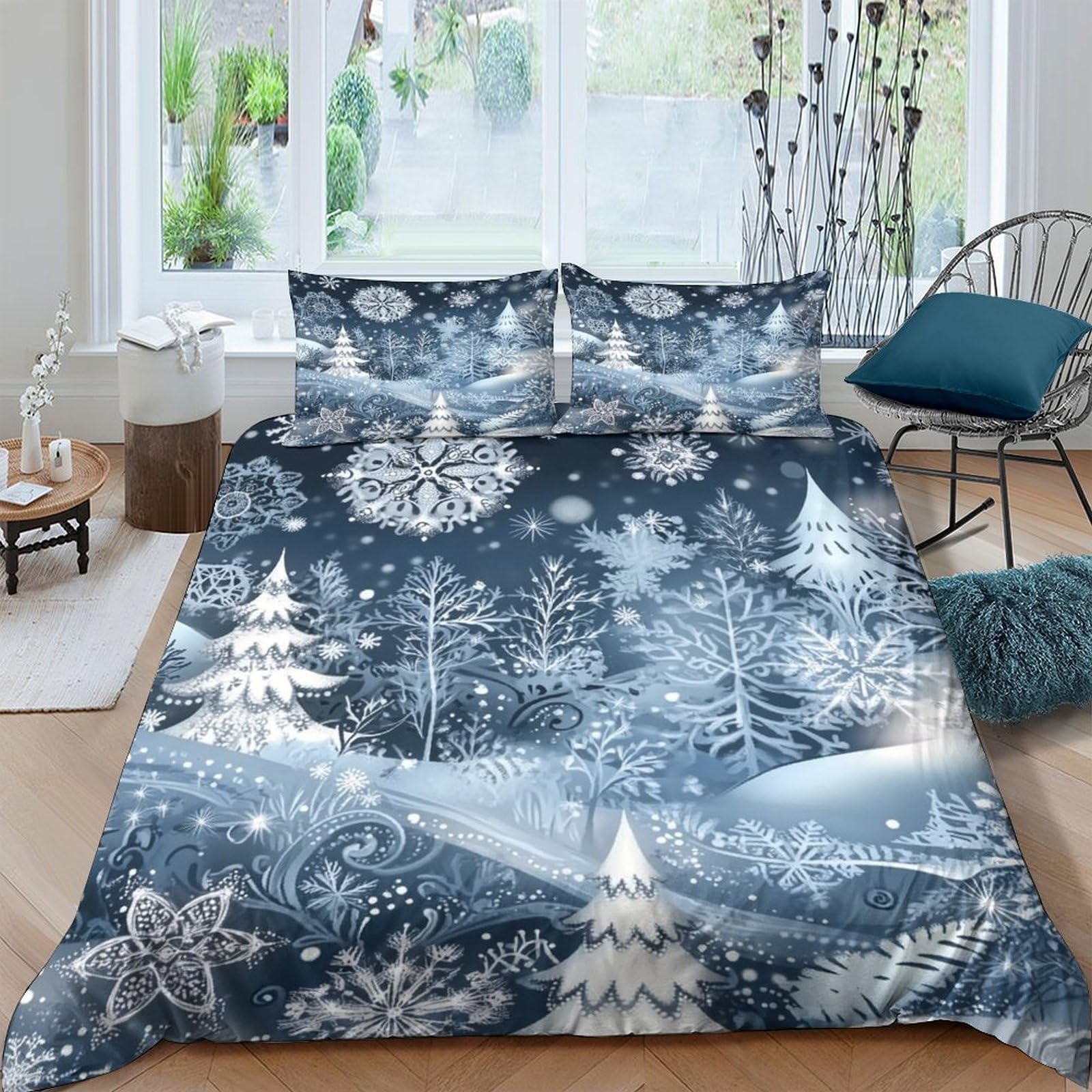 Ctjqhvkz Style-8 3D Printed Winter Forest Fitted Sheet Microfiber Soft Blue Snowflake Mattress Cover For Bedroom Guest Room Decor Single（135X200cm）
