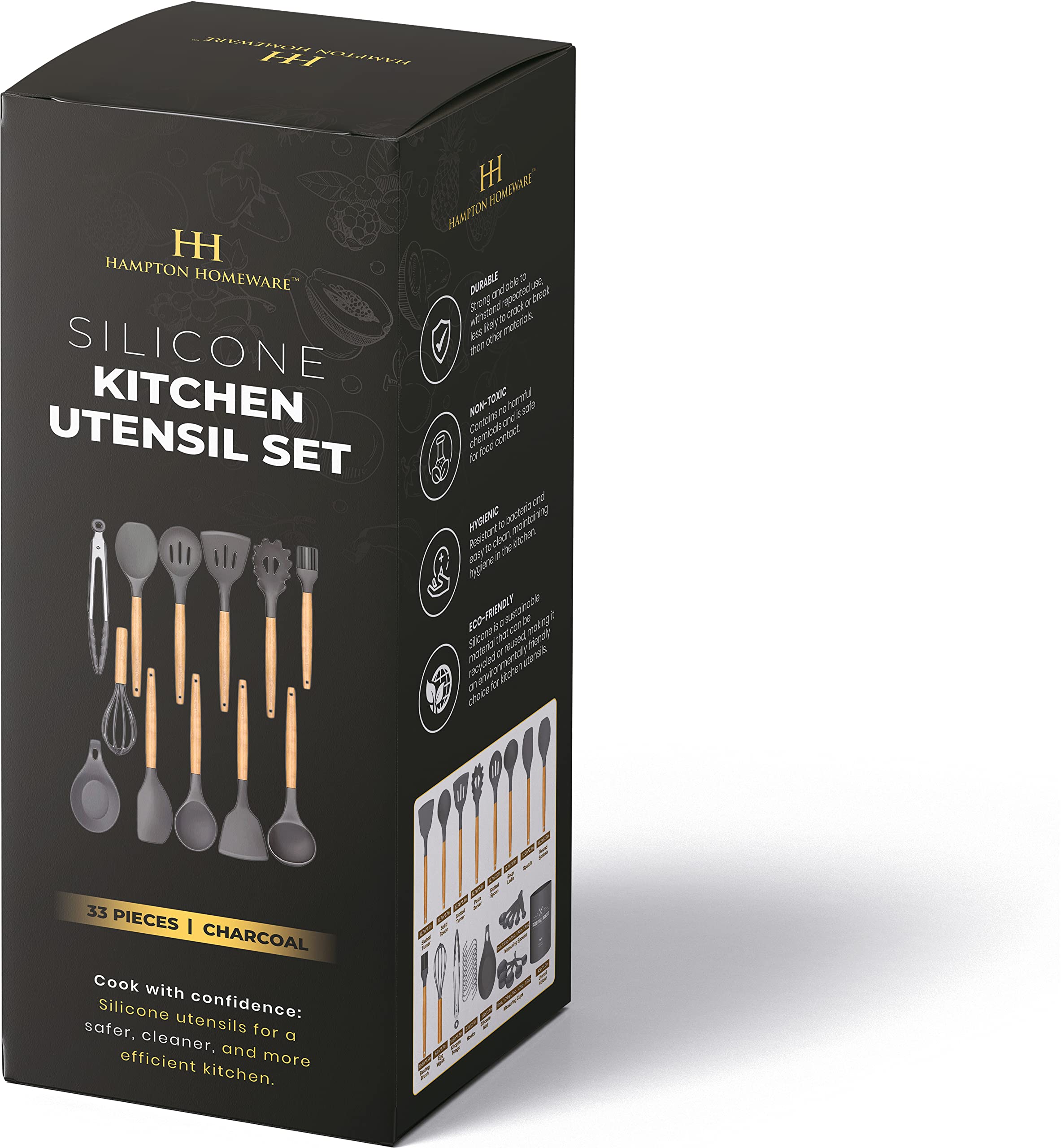 Juego de utensilios de cocina de 33 piezas antiadherentes de silicona con soporte, mango de madera, juego de utensilios de cocina de silicona (carbón)