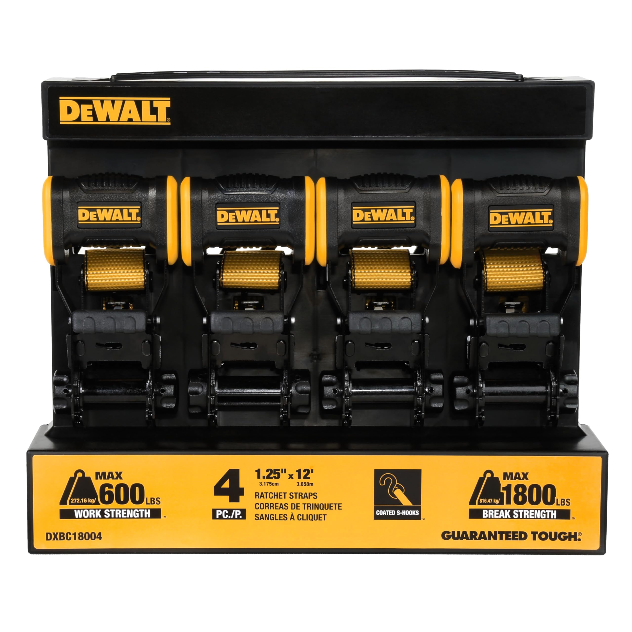 DEWALT DXBC18004 Lot de 4 Sangles d'arrimage à cliquet de 3,2 cm x 3,6 m, résistance à la Rupture de 816,5 kg