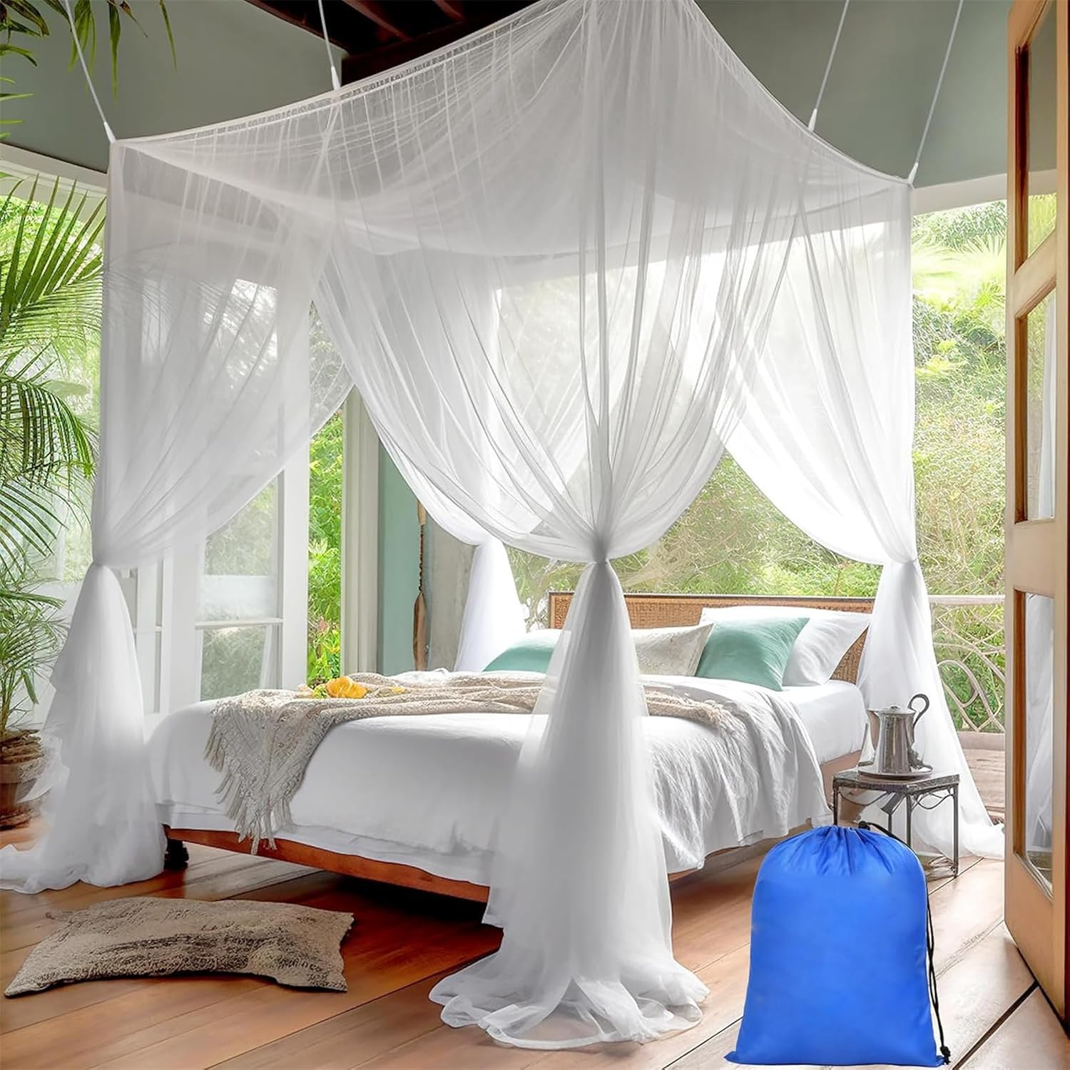 4 Corner Hanging Bed Canopy Cover Net Bedding Post Canopy Bed Curtain Outdoors Netting Fit Twin, Full, Queen, King Bed Protection Bedroom Decorative (Blue)