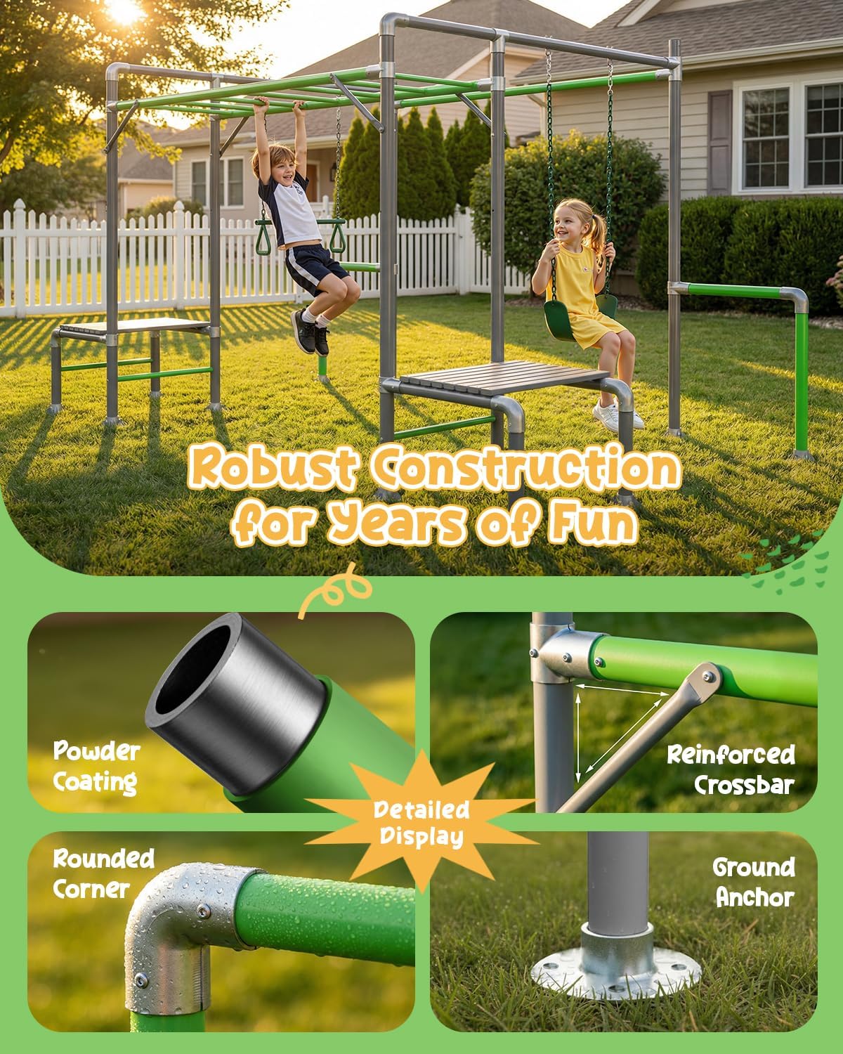 Outdoor Jungle Gym with Monkey Bars Frame, Climbing Set, Trapeze Swing Bar, Belt Swing, Kids Gymnastics Bars, Playground Set with Powder Coated Galvanized Steel for Backyard, Garden, Grass