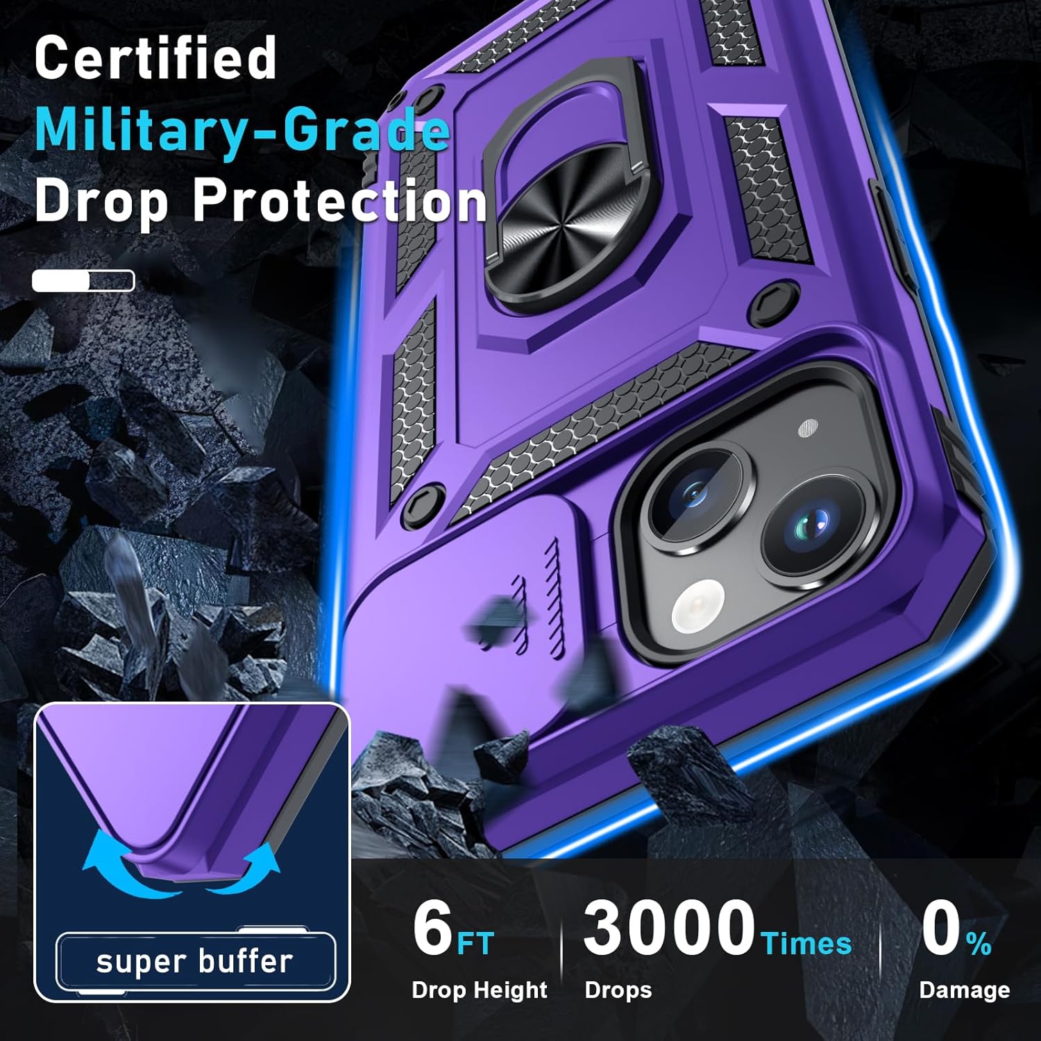 Janmitta Case for iPhone 12 Pro Max Phone Cover Built in Slide Camera Lens Cover+Screen Protector,Heavy Duty Shockproof Full Body PhoneCase with Finger Ring Holder Kickstand,Purple - Image 5