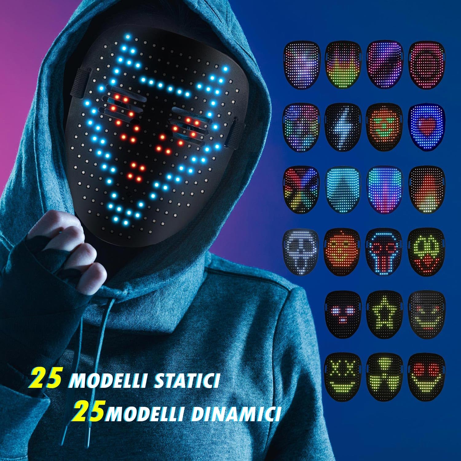 SPEWOM Maschera luminosa a LED con sensore di gesto, maschera luminosa digitale a LED per Halloween, feste in maschera, rave, dj