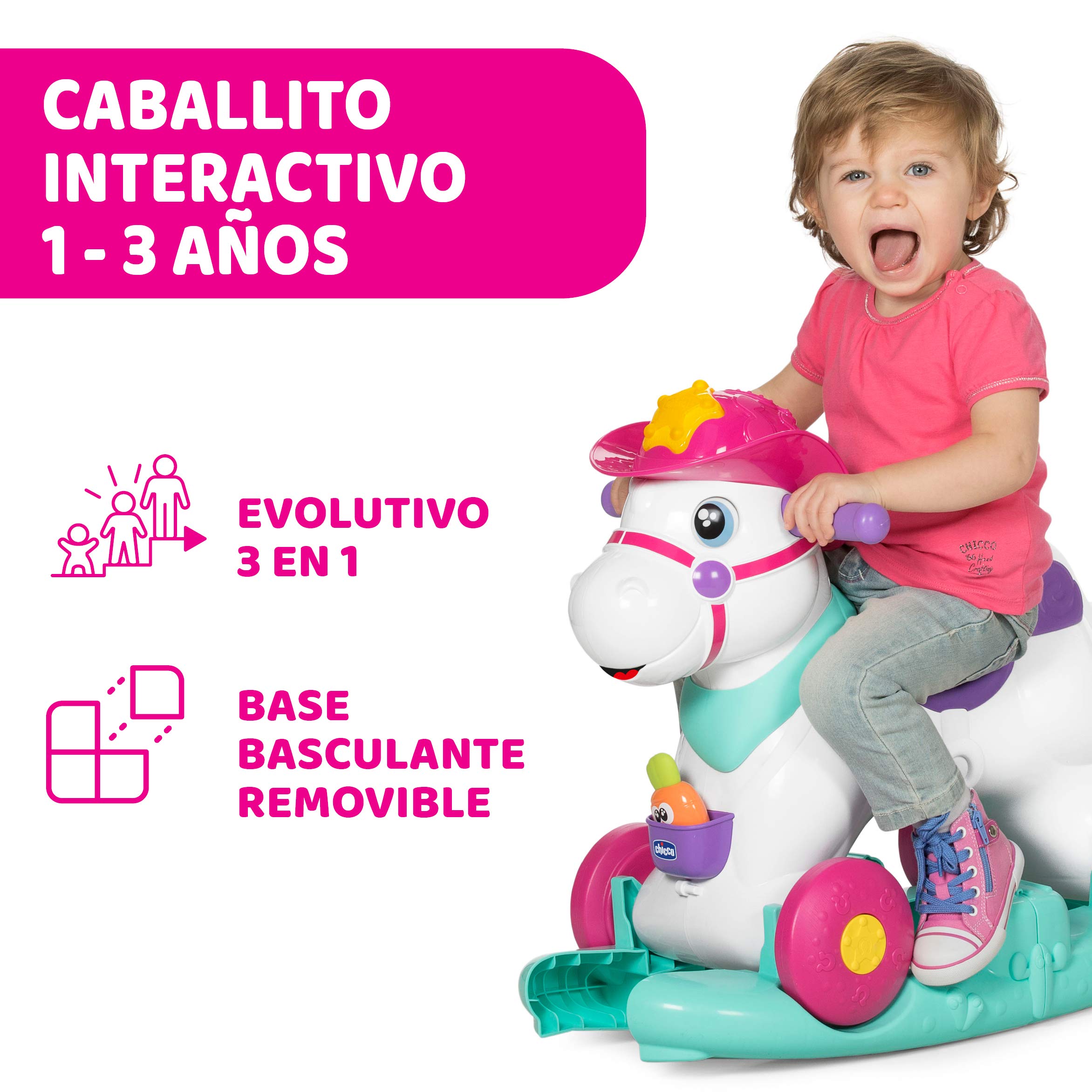 Chicco Baby Rodeo, Caballito Balancín para Bebés, Juguete Infantil Educativo e Interactivo, Poni Correpasillos para Niños con Efectos Sonoros, Juguetes para Niños de 1-3 Años, Rosa