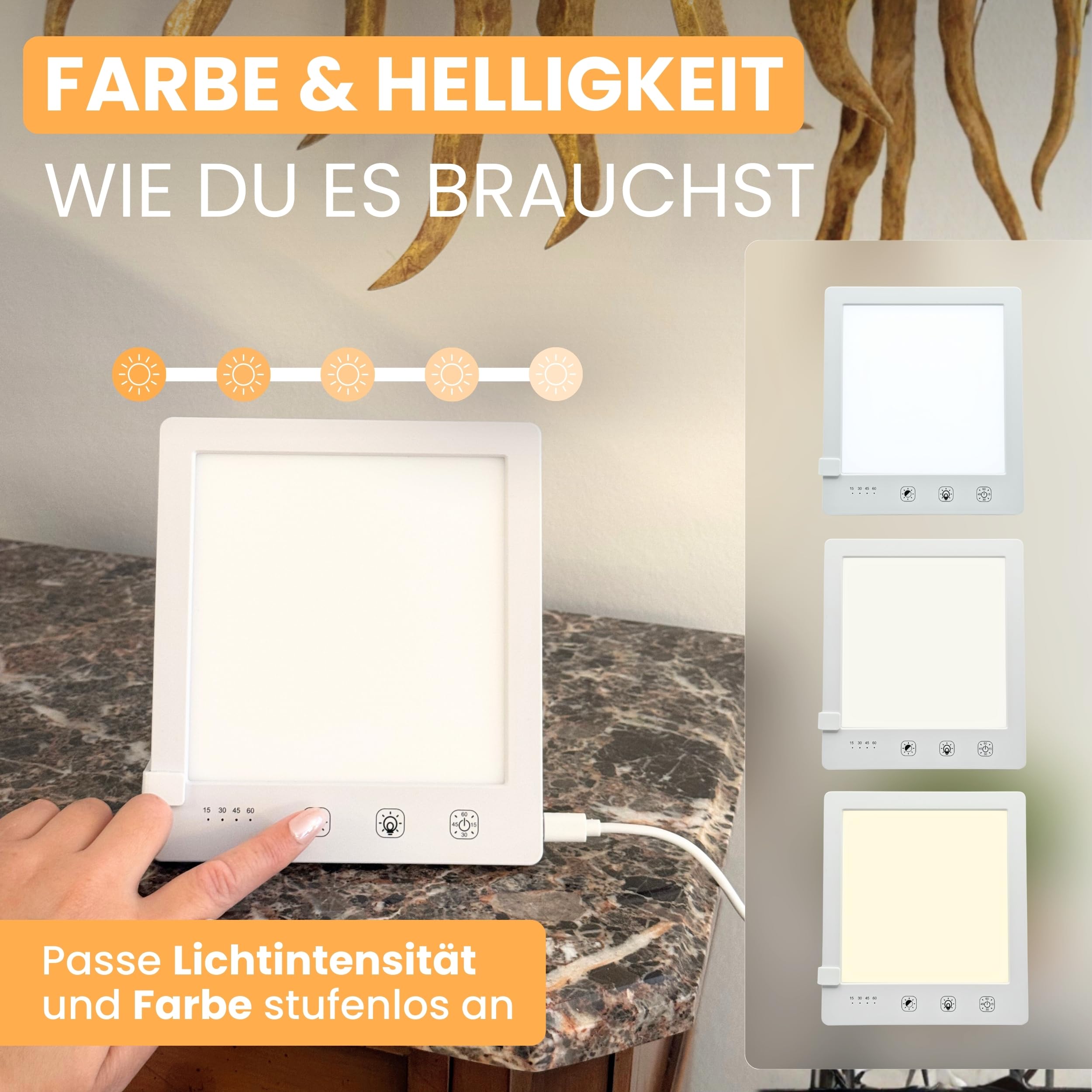 Tageslichtlampe bis 10000 Lux, Lichttherapielampe zur Simulation von Tageslicht, Therapielampe daylight sad lamp, Lichtdusche inkl. Ständer, Tasche & USB-C Kabel