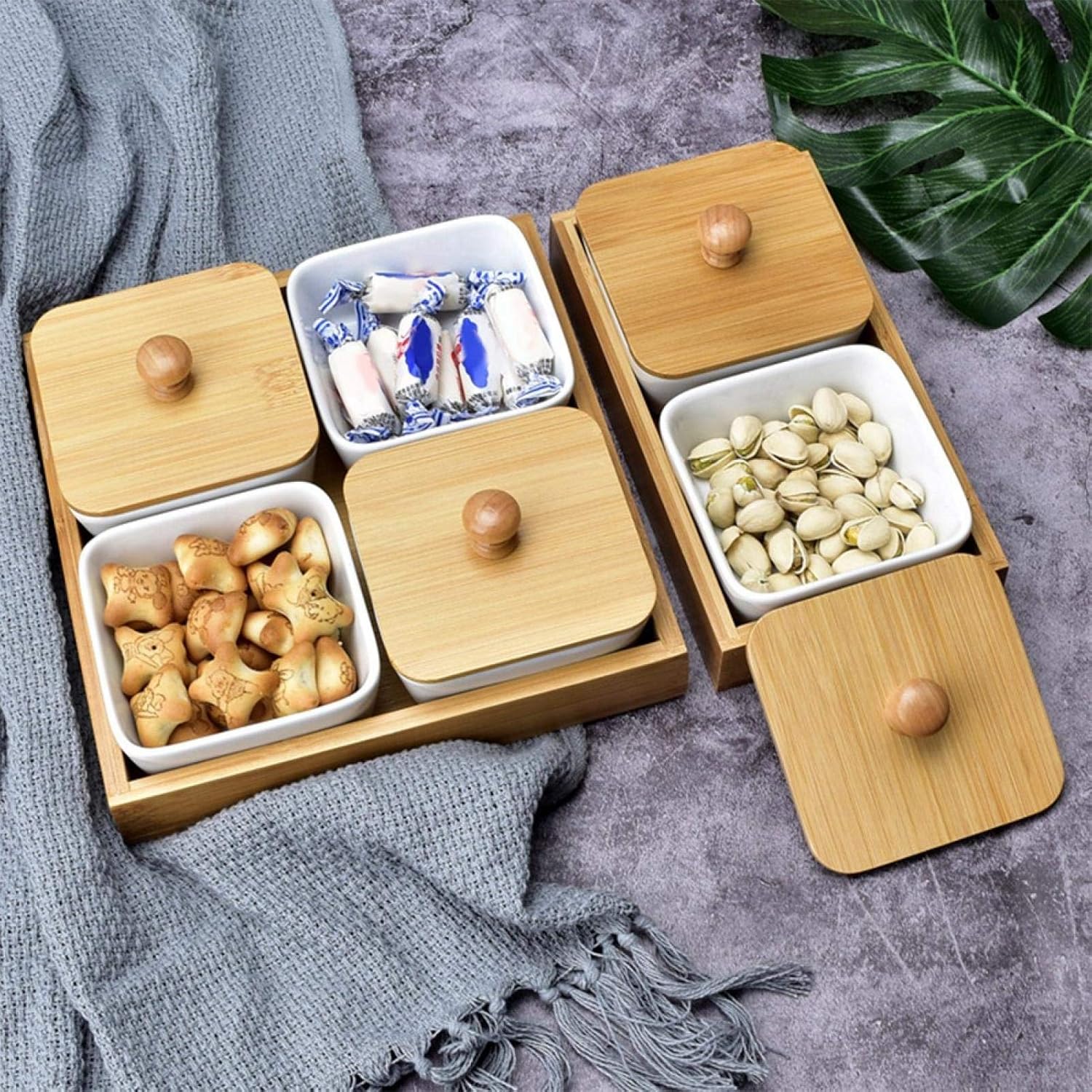 Ceramic Snack Serving Tray Compartment Serving Platter with Lid and Pallets Removable Container Food Storage for Appetizer, Condiments, Nuts(4 grid)