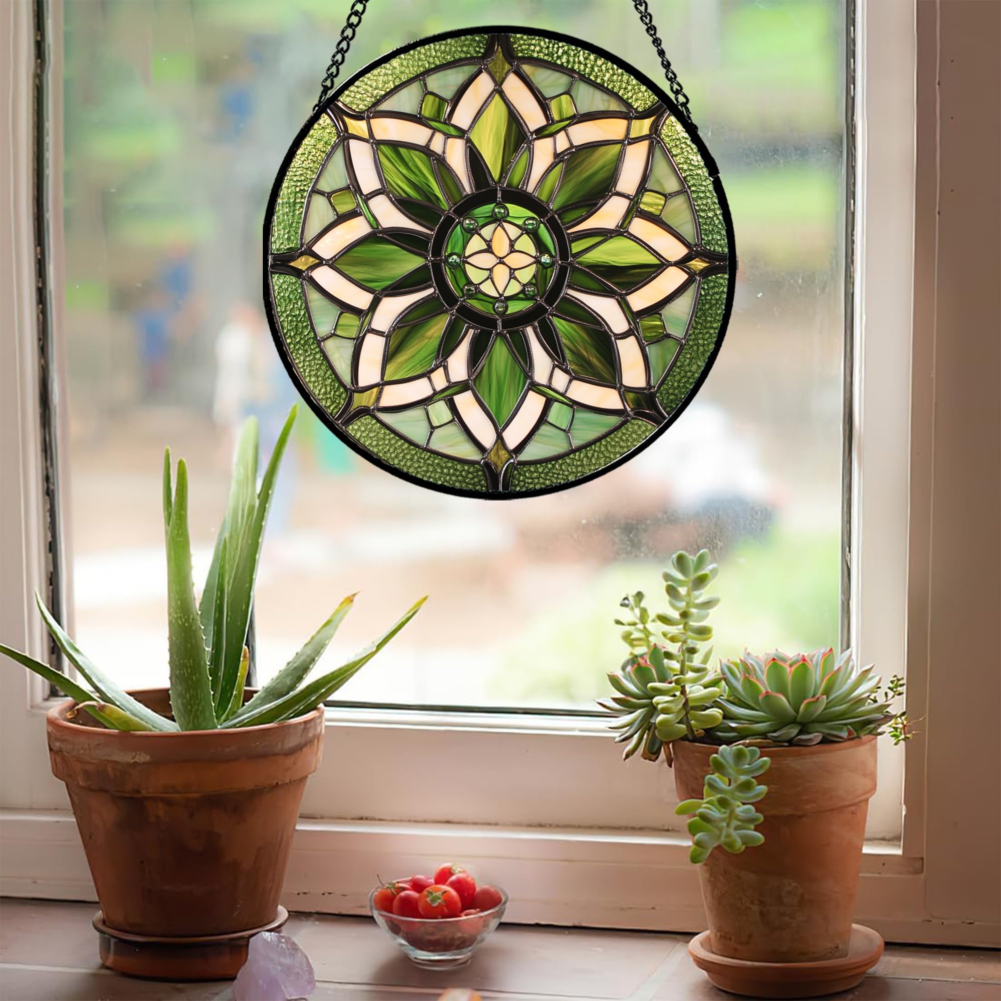 Buntglas-Fensteraufhängung – weiß-grüne Boho-Blume, Sonnenfänger für Türen, Fenster, Zuhause, Sonnenfänger, Dekoration, Weihnachten, Muttertag, Geburtstag, Geschenke für Lehrer, Frauen, Männer