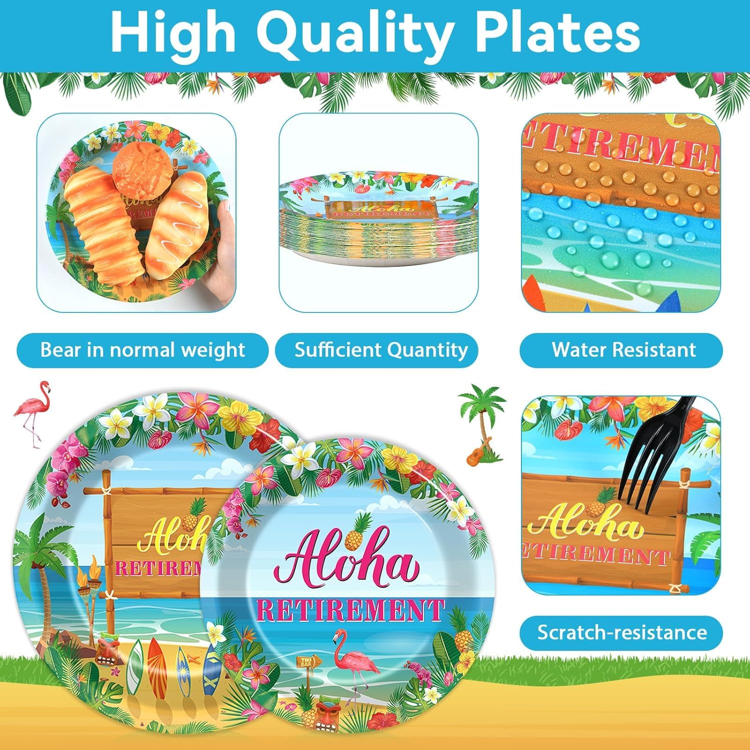 200PCS Tropical Hawaiian Luau Retirement Party Plates Napkins Happy Retirement Party Paper Tableware Set Summer Aloha Disposable Dinnerware for Hawaiian Beach Happy Retirement Party Supplies Serve 50