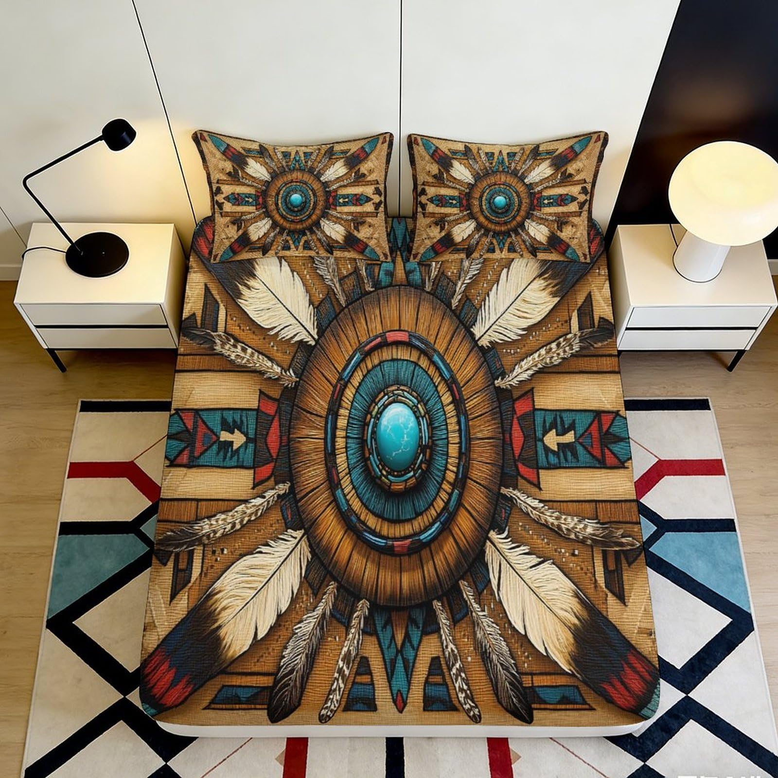 3D Printed Native American Feather Pattern Fitted Sheet Microfiber Soft Durable Tribal Dreamcatcher Bed Cover for Bedroom Dormitory Mattress Protection 200x200x25cm