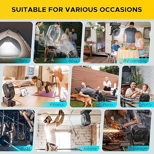 Miniatura 5 de CRST Ventilador de campamento portátil con batería de 20000 mAh con linterna LED, ventilador de escritorio USB portátil con gancho plegable, USB