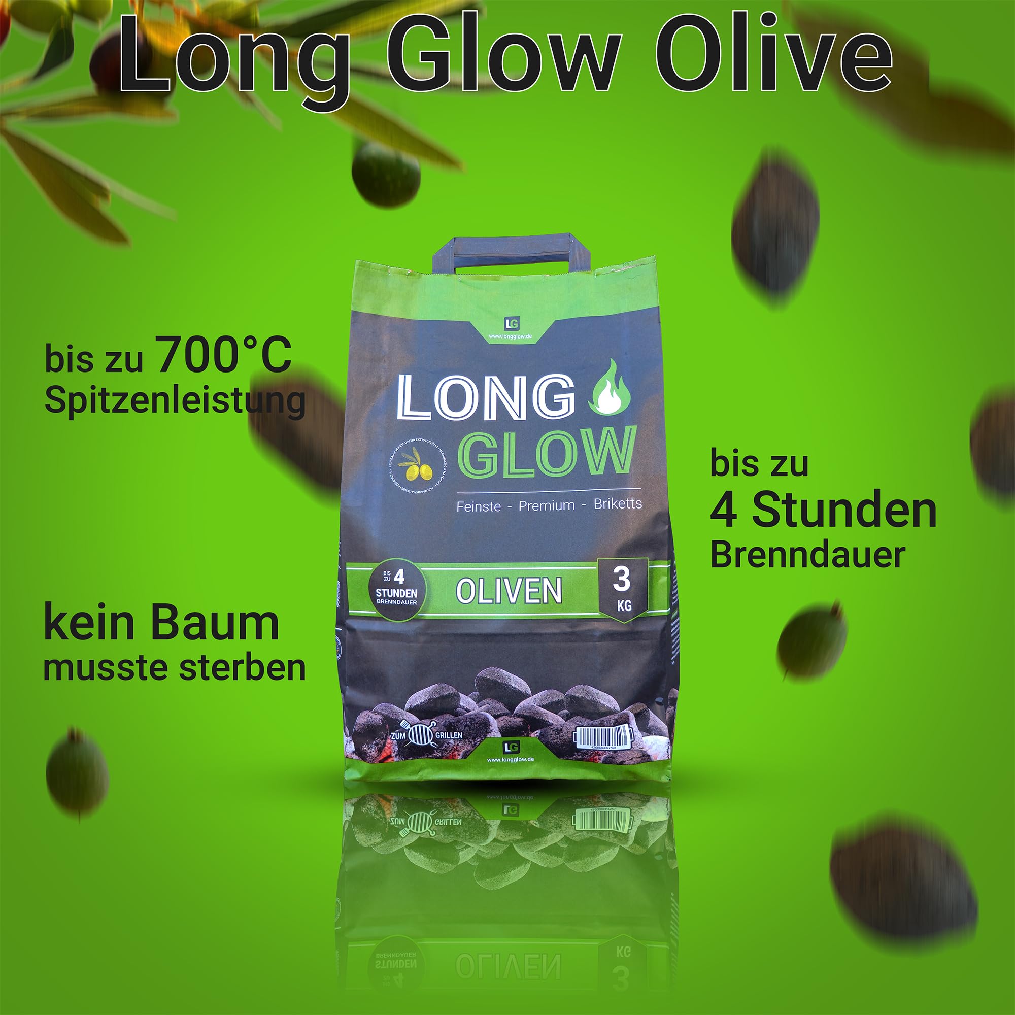 Long Glow® Grillbriketts 27 kg Oliven Premium Briketts - bis 4h Brenn- & Glutdauer - nachhaltige Grillkohle mit hoher Hitze für Grill, Smoker, Pizzaofen & Dutch Oven | 9 x 3 kg | Energie Kienbacher