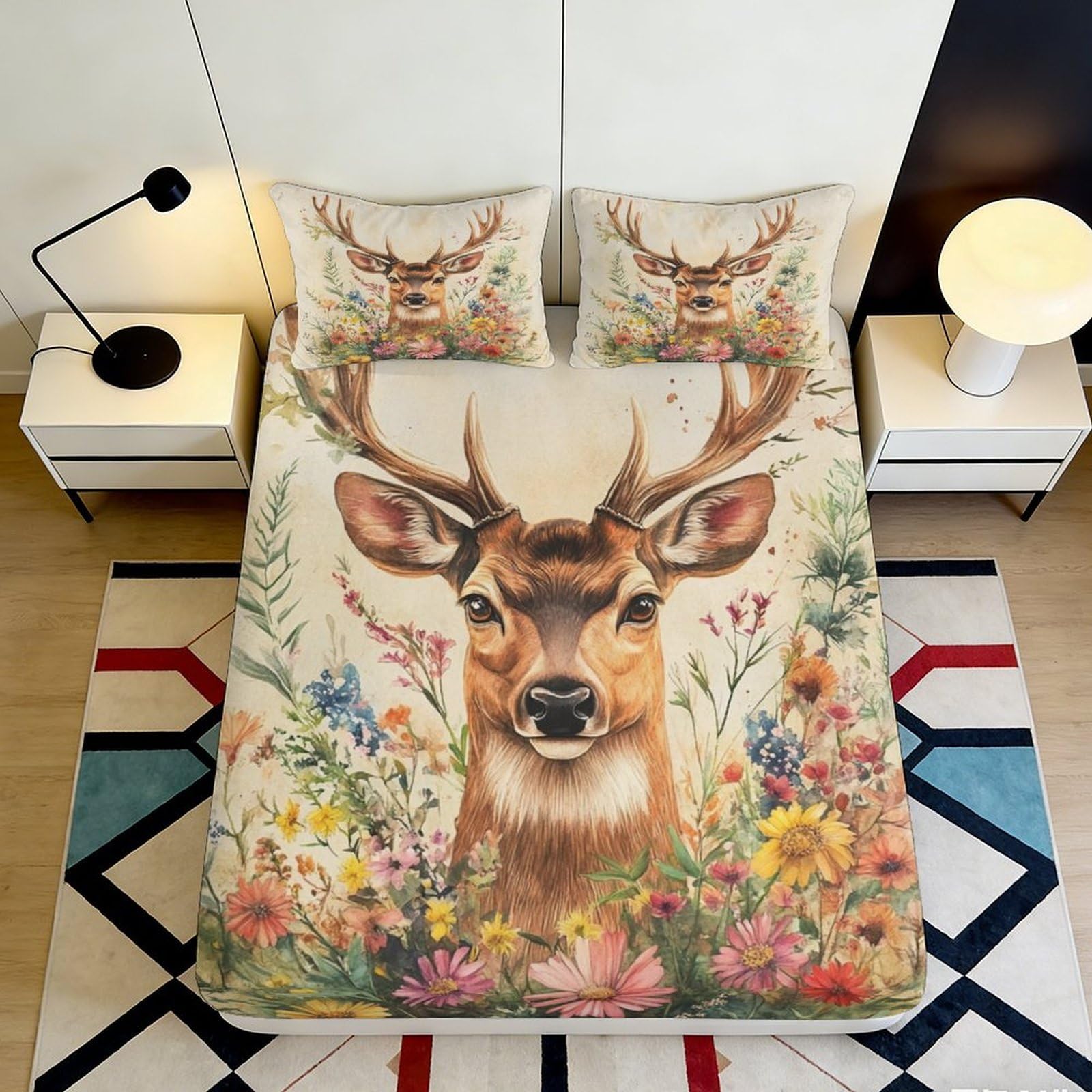 3D Printed Deer Forest Fitted Sheet Microfiber Soft Anti-Slip Wildflower Mattress Cover for Bedroom Guestroom Decor Easy Care 90x200x25cm