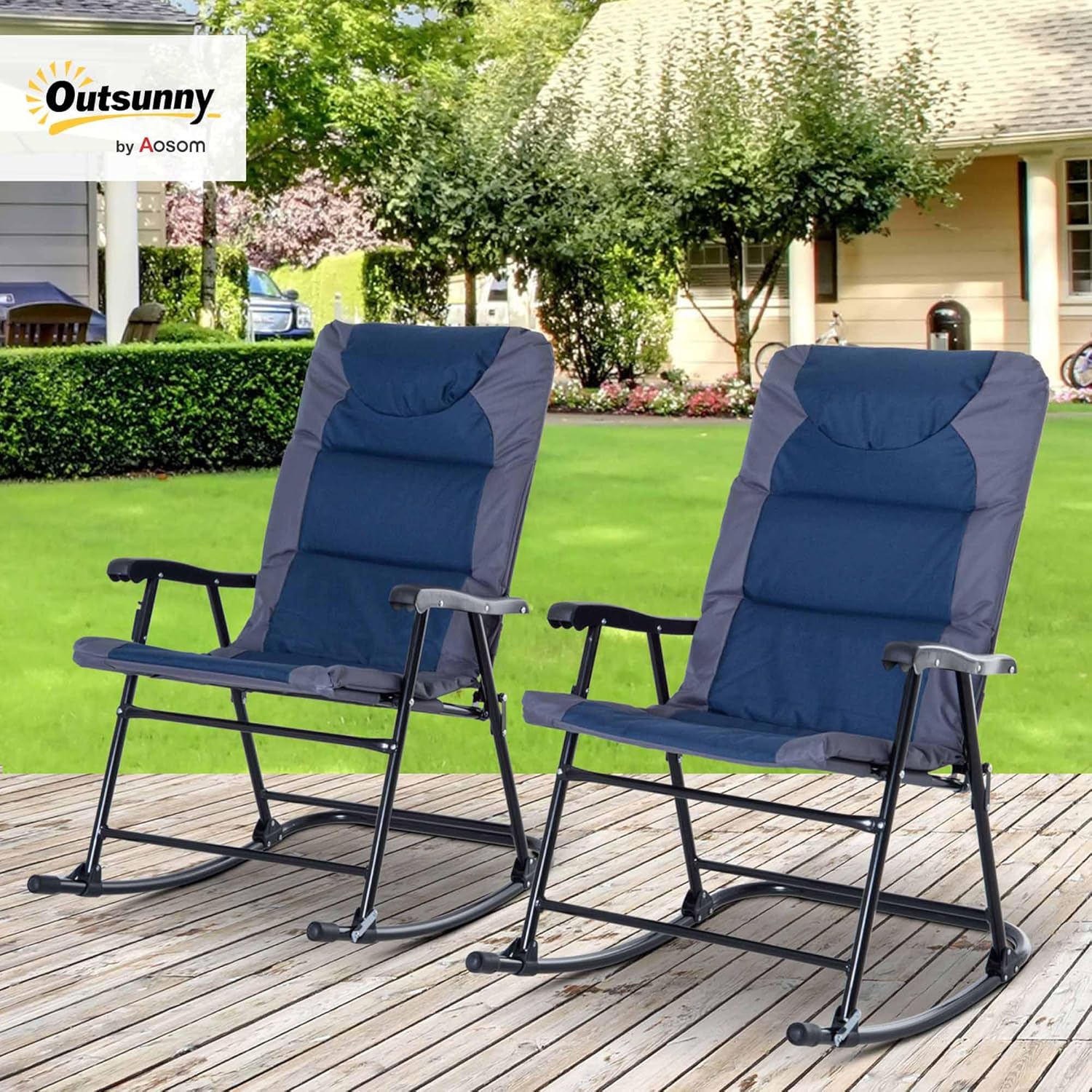 Outsunny Oversized Folding Rocking Camping Chair Set of 2, Padded Outdoor Rockers with High Back and Armrests, Portable Outdoor Patio Chairs with Steel Frame for Garden, Porch, Lawn, Navy Blue