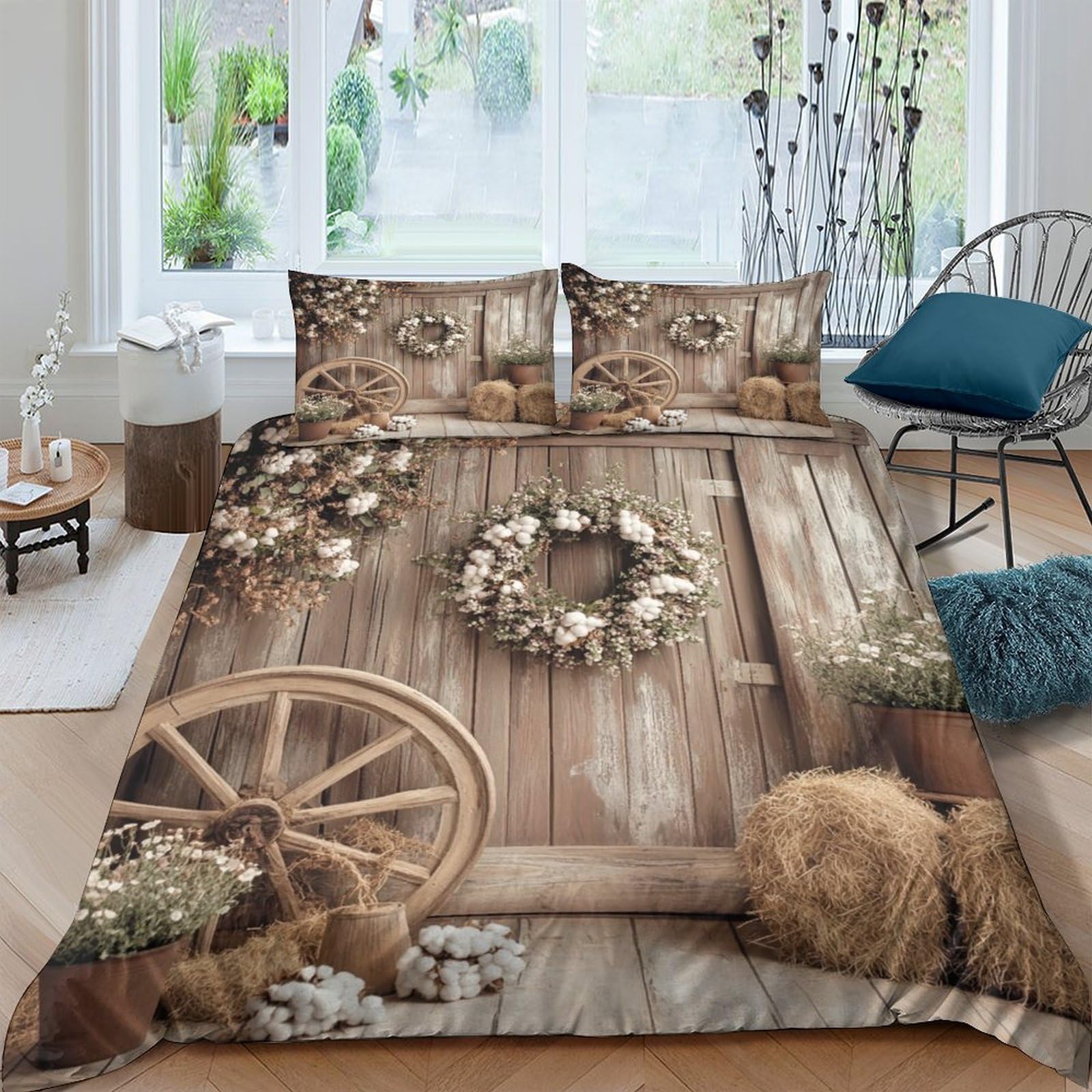 Ctjqhvkz Style-10 3D Printed Rustic Barn Door Fitted Sheet Microfiber Soft Breathable Country Wreath Bed Sheet For Bedroom Guest Room Decor Single（135X200cm）