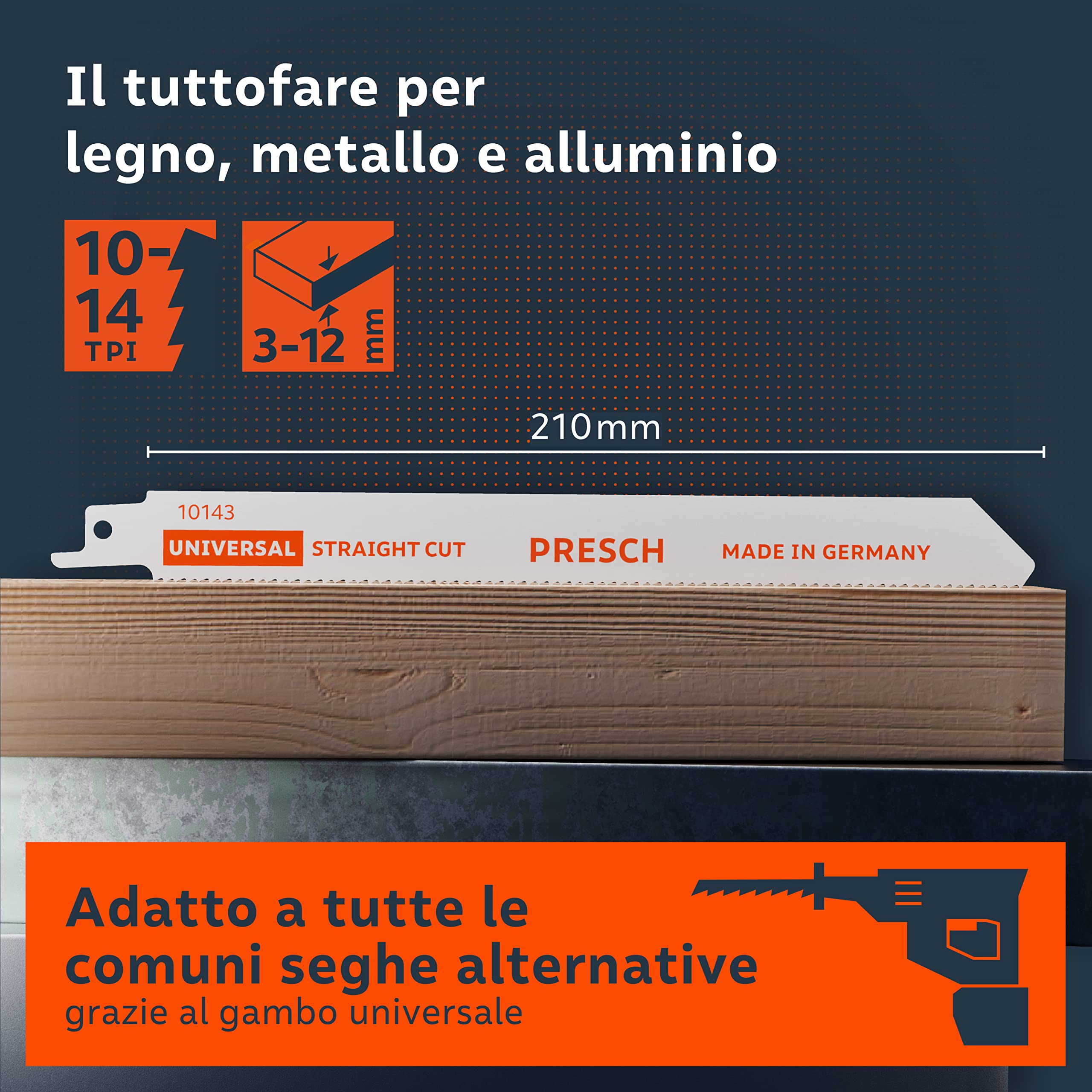 Presch Lame gattuccio universali per legno e acciaio inox 210 mm 10 pz - 8% Lame al cobalto per metallo duro e legno - Set di lame gattuccio con scatola.