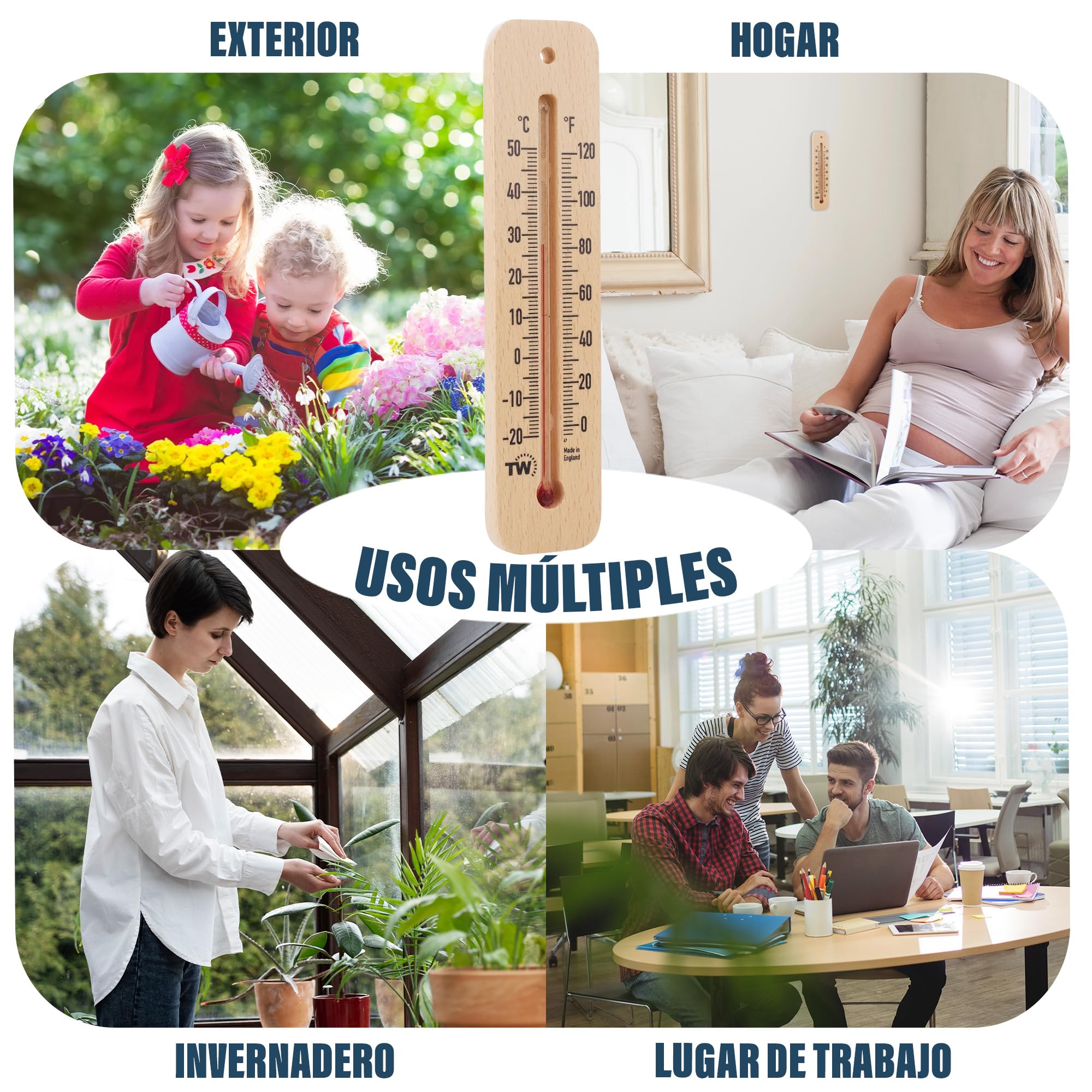 Termómetro Tradicional de Madera para Medir la Temperatura Ambiente, Ideal para Hogar, Oficina, Jardín, Invernadero o Garaje