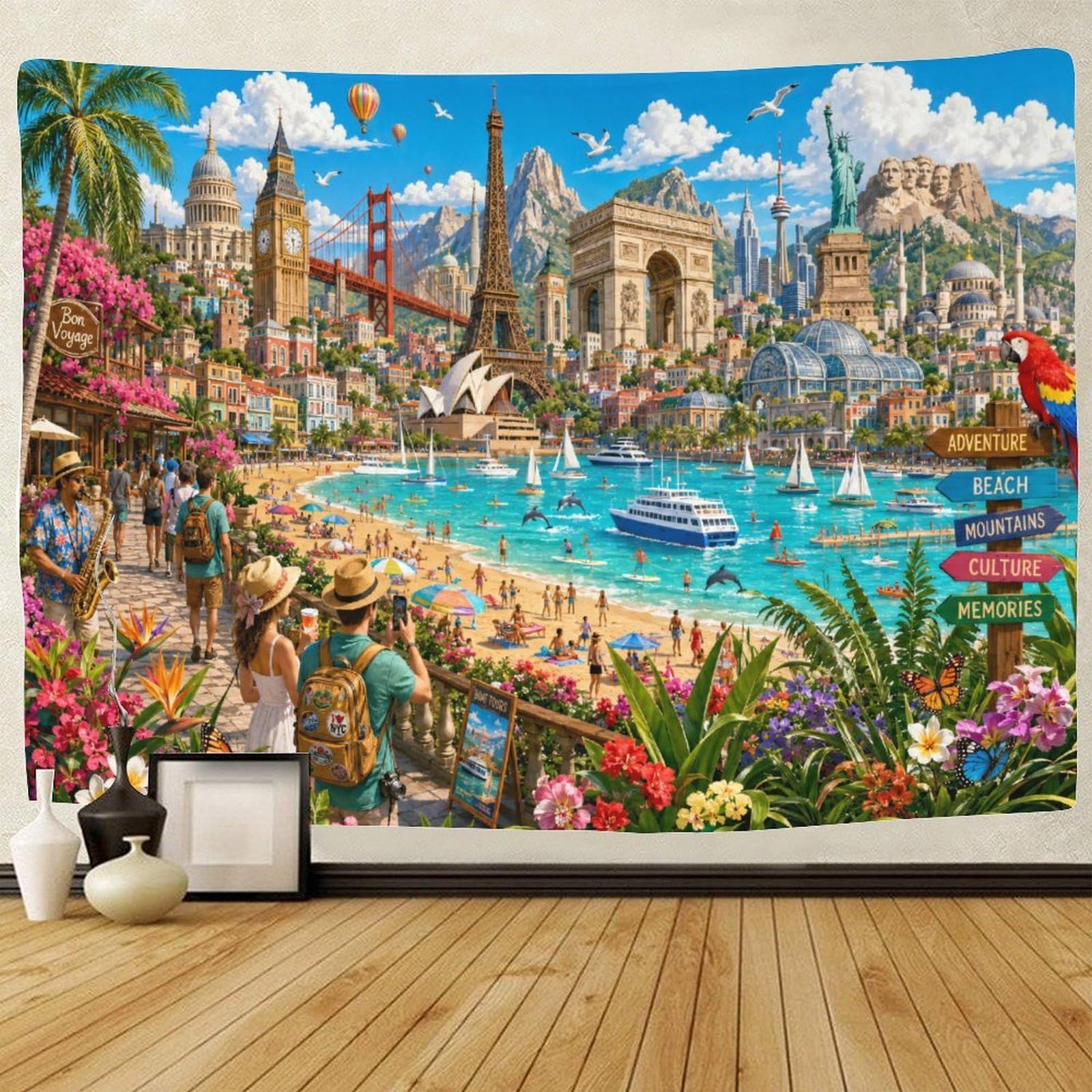GPMNBCXZK World Famous Landmarks Collage Tapestry for Bedroom Wall Hanging Decor 3D Print Tapestries Poster Home Decoration Living Room College Dorm 100cmx150cm