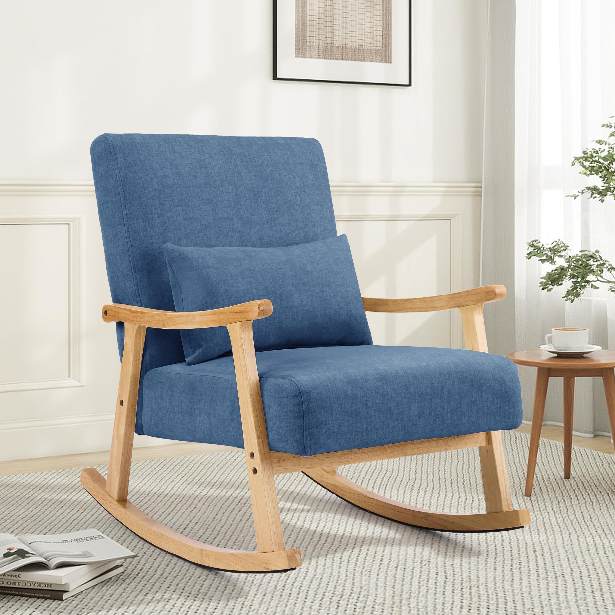 Aunekiv Rocking Chair Modern Upholstered Glider Rocker Chairs with Wood Legs Armchair for Small Spaces Indoor Living Room Bedroom, Blue