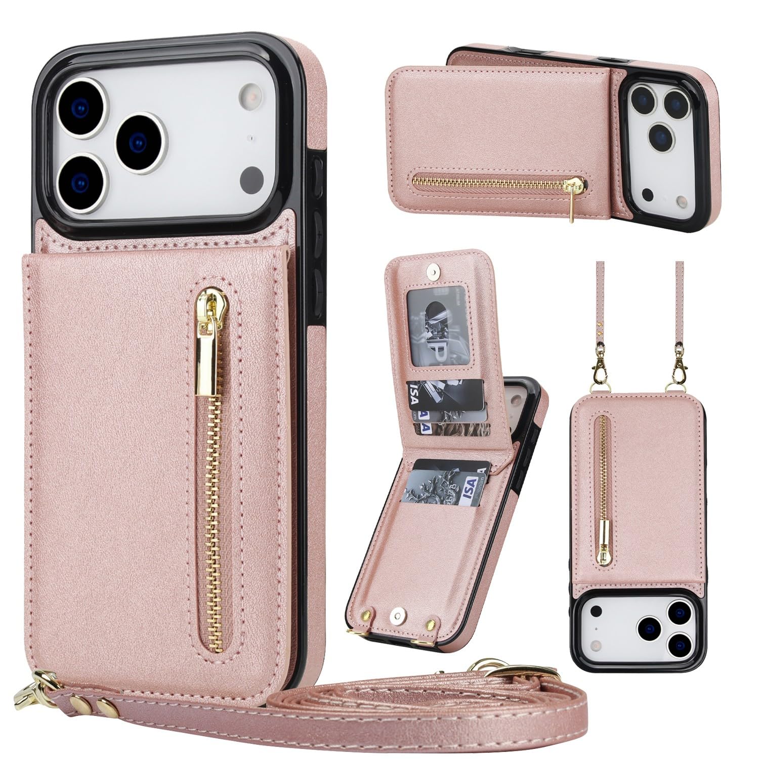 Generic Funda compatible con iPhone 11 (color: oro rosa) Funda trasera de piel con tapa y correa para el hombro