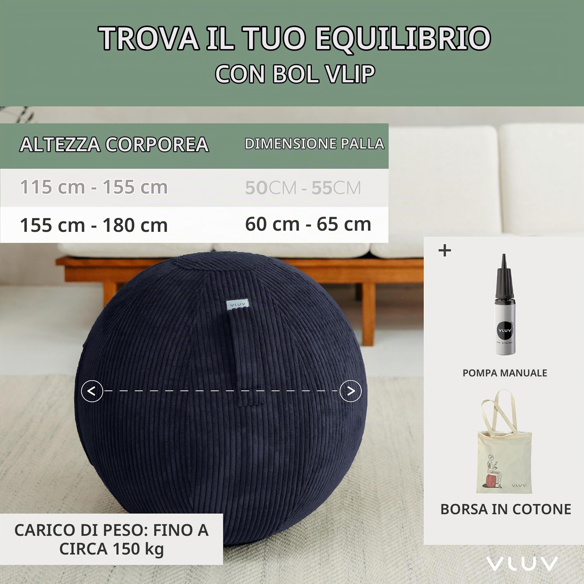 VLUV® BOL VLIP - Palla da seduta ergonomica, traspirante, con manico e protezione antirotolamento, rivestimento in tessuto lavabile, per gravidanza, 65 cm
