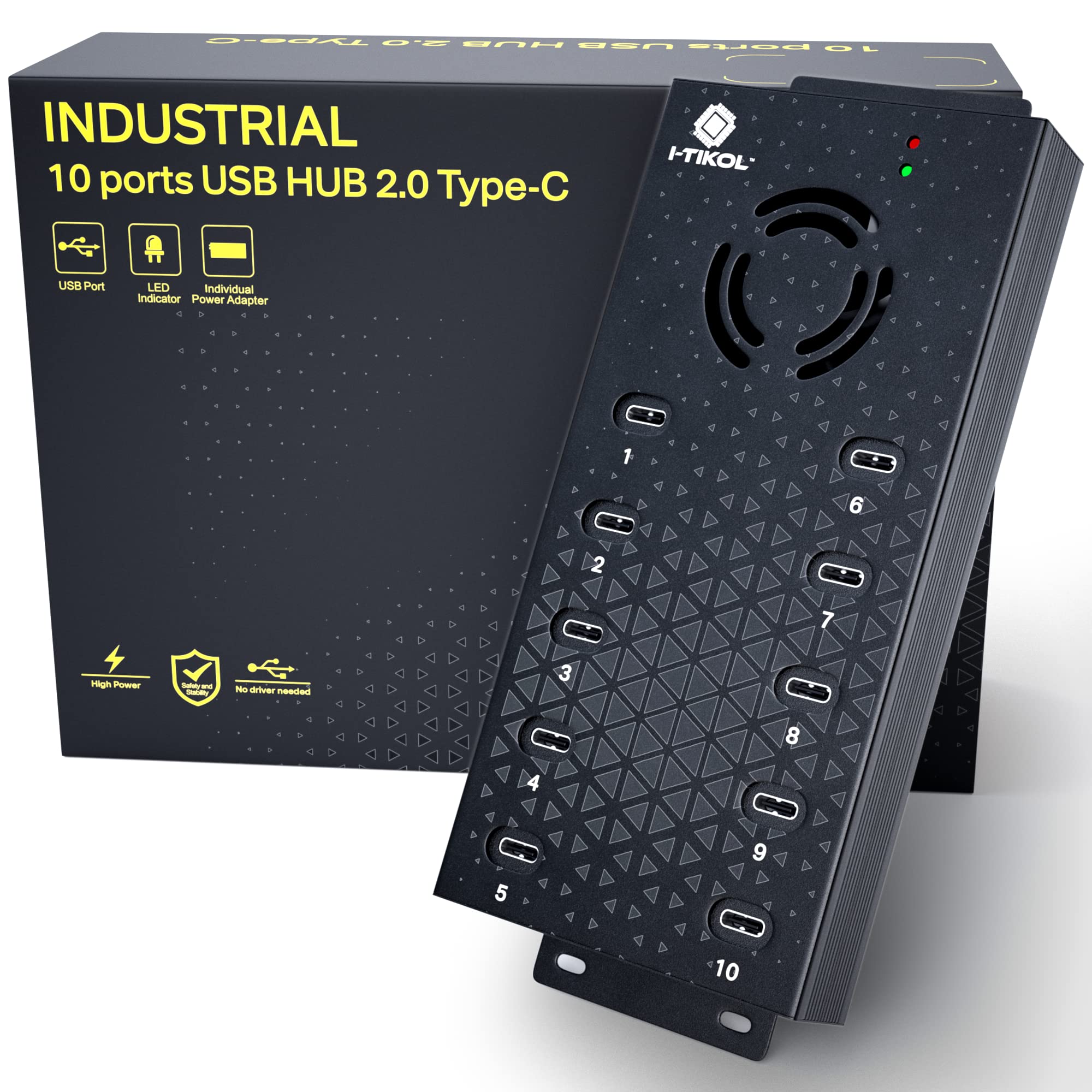 Koncentrator USB 2.0 typu C Multi Safety 10 portów zasilany, z adapterem AC, aluminiowy rozdzielacz USB z wentylatorem chłodzącym - typ C do laptopów i PC, dysków flash, HDD, dysków twardych, myszy, XPS, Xbox, klawiatury