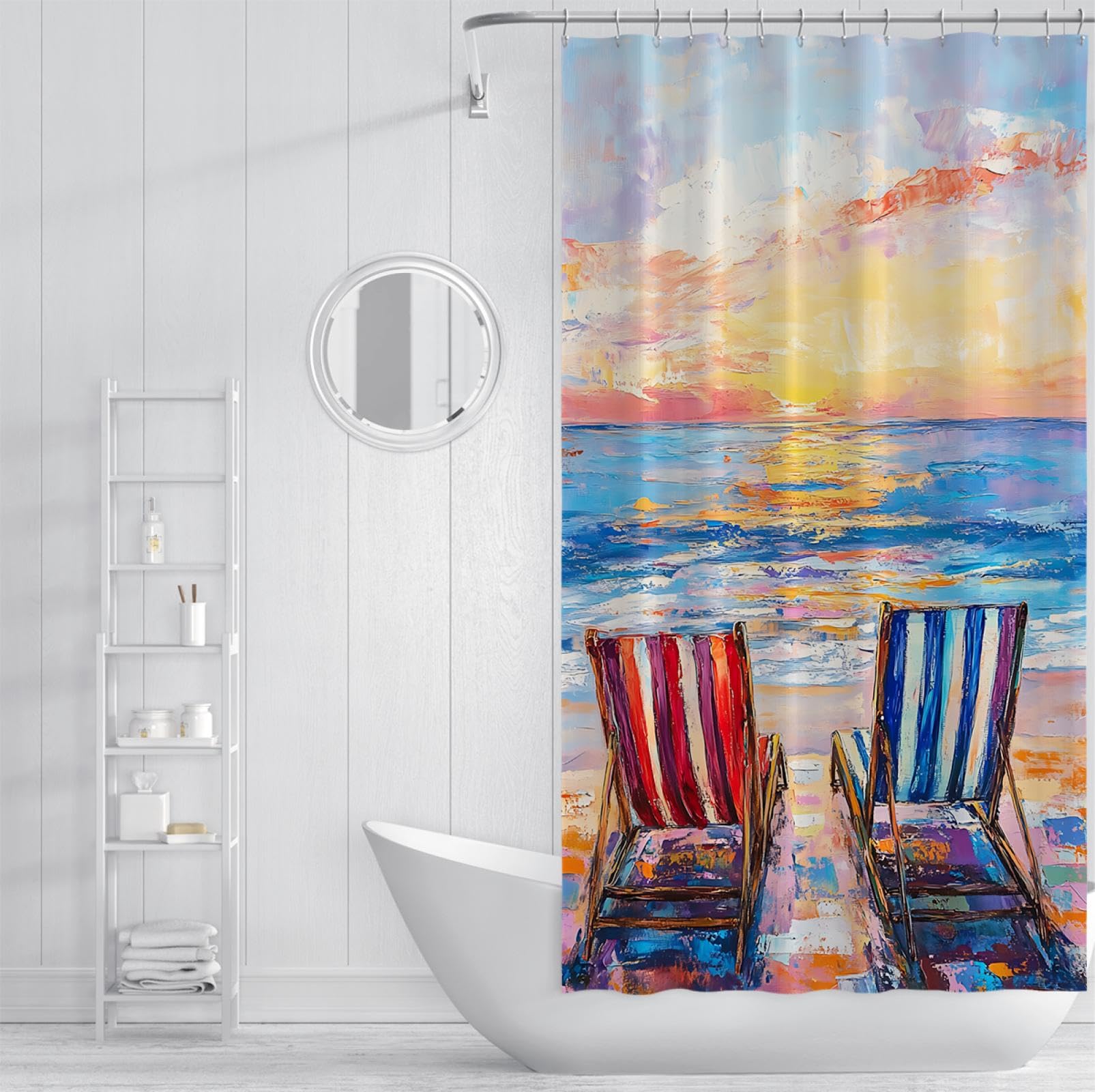 Peinture à l’Huile Style Rideau Douche Doublure Plage Chaise Longue Mer Baignoire Rideaux Accessoires Tissu imperméable Décor Salle Bain avec Crochets 200 x 240 cm