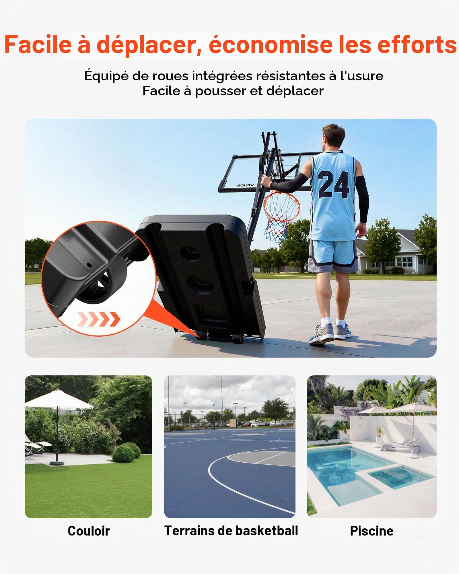 VEVOR Panier de Basket-Ball sur Pied, But de Basketball Mobile avec Roues et Hauteur Réglable de 1,6 à 3,05 m, Système de Cerceau, Filet et Panneau en PC pour Basket, pour Extérieur et Intérieur